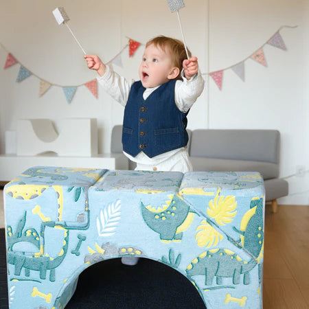 Boys Mock Conducting at Glowsofa's Blue Dinosaur Climbing Kids Play Couch