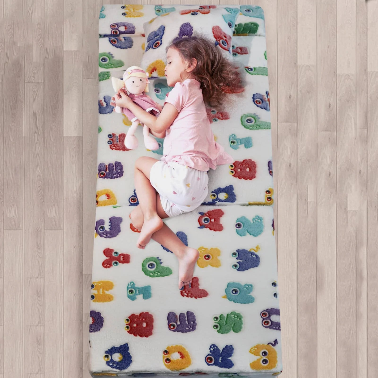 Girls Sleeping on Alphabet Convertible Kids Foldable Floor Mattress