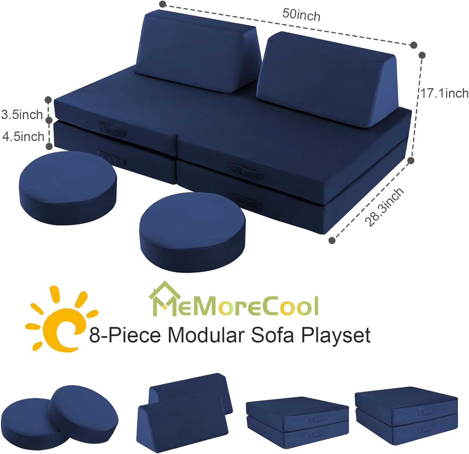 Glowsofa's Solid Navy 8 pieces kids play couch measures 28.3 “D x 50 ‘W x 17.1 ’H
