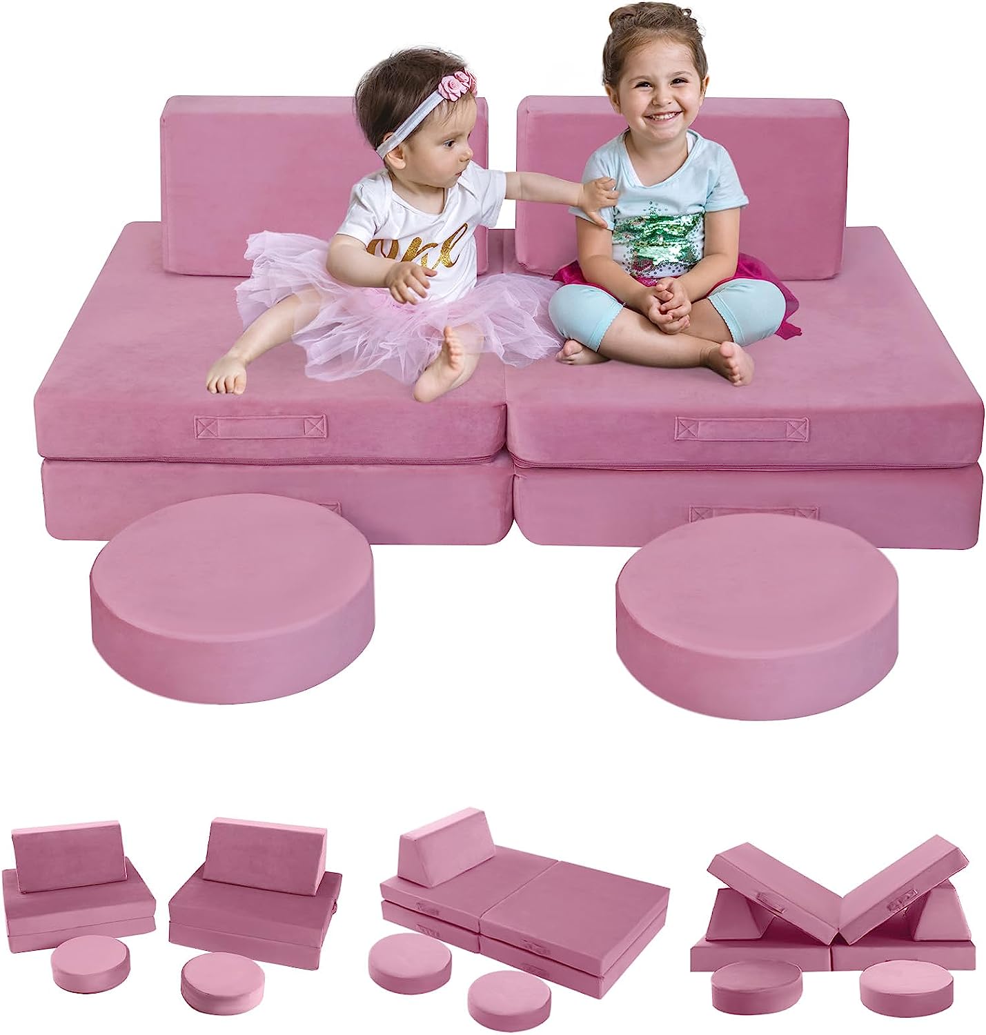 Two girls sitting on Glowsofa's Solid Pink 8 piece kids play couch set