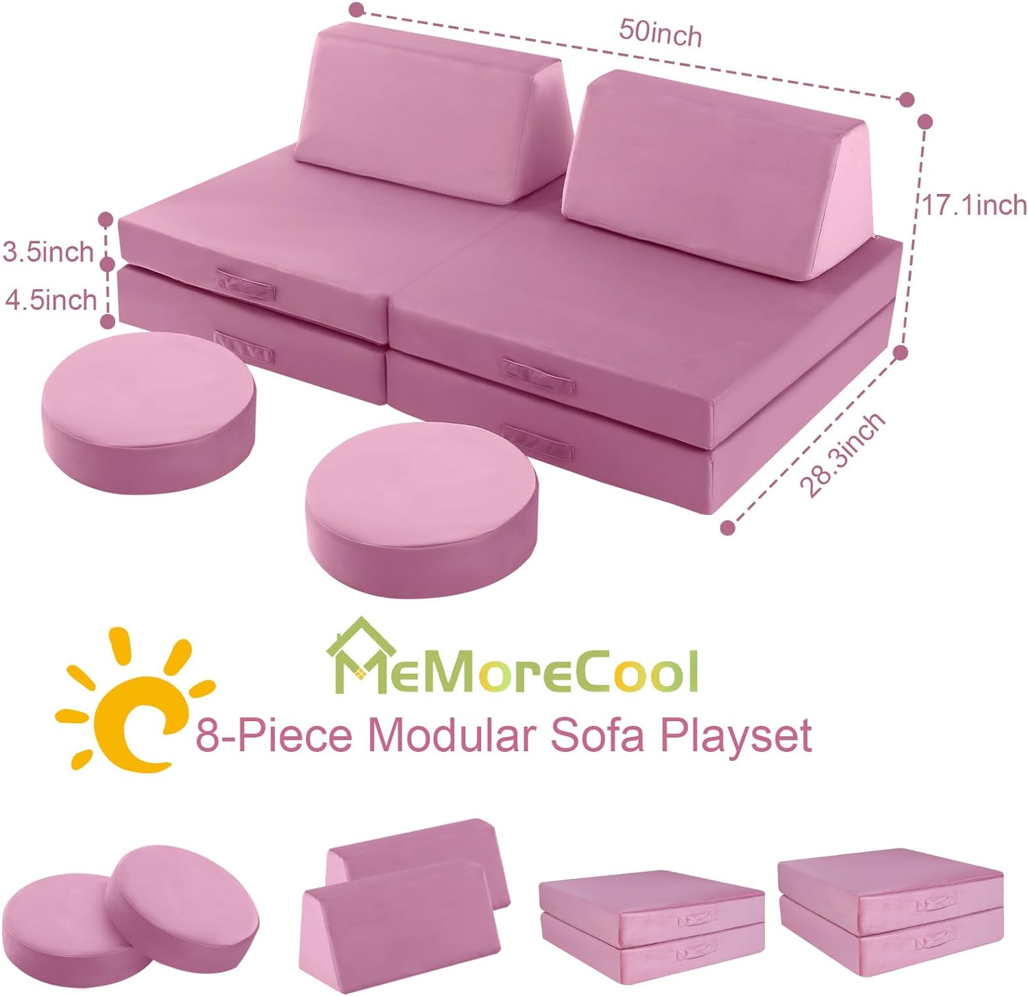Glowsofa's Solid Pink 8 pieces kids play couch measures 28.3 “D x 50 ‘W x 17.1 ’H