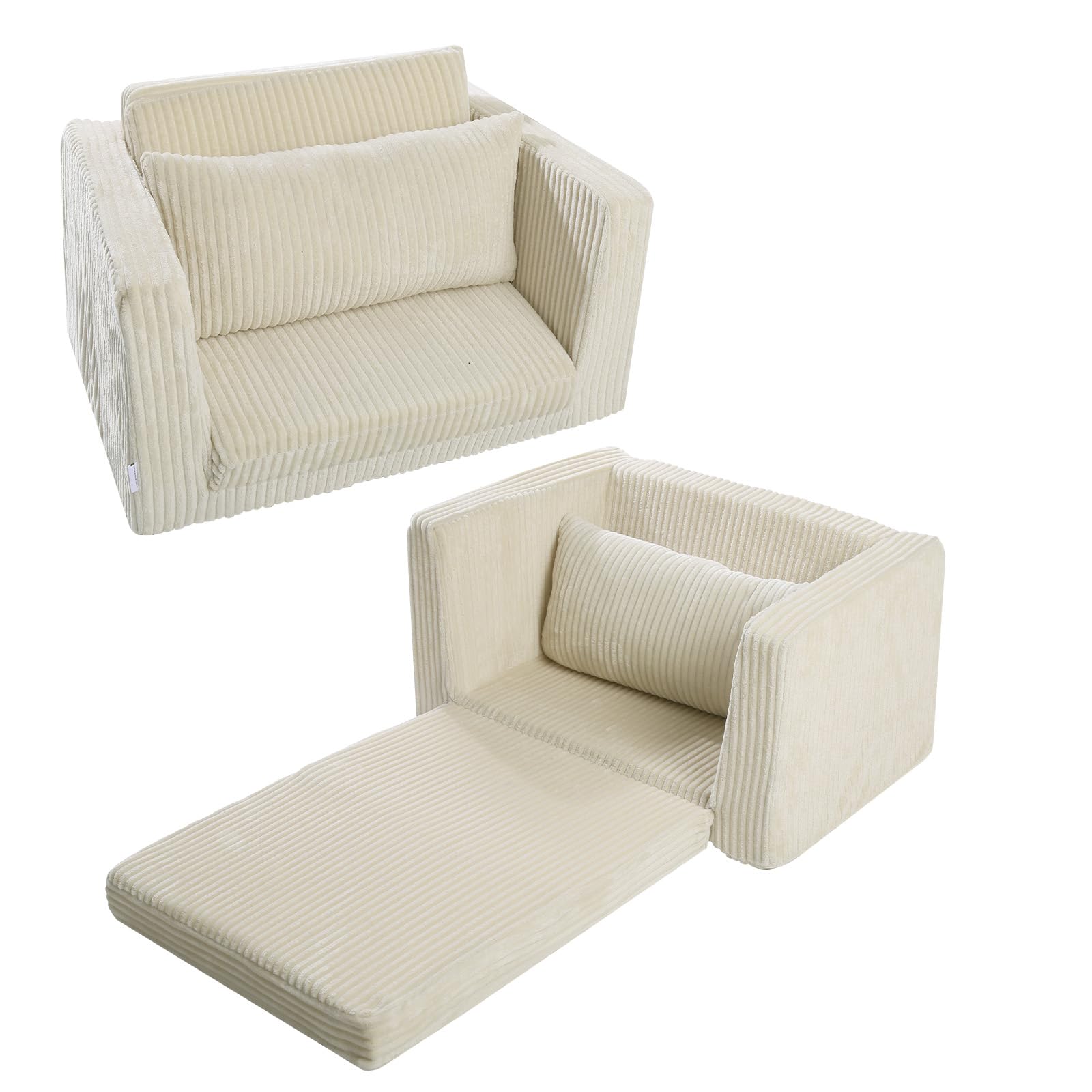 Glowsofa's Beige Children's Fold Out Sofa Folded and Unfolded Status