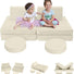 Two girls sitting on Glowsofa's Solid Beige 8 piece kids play couch set