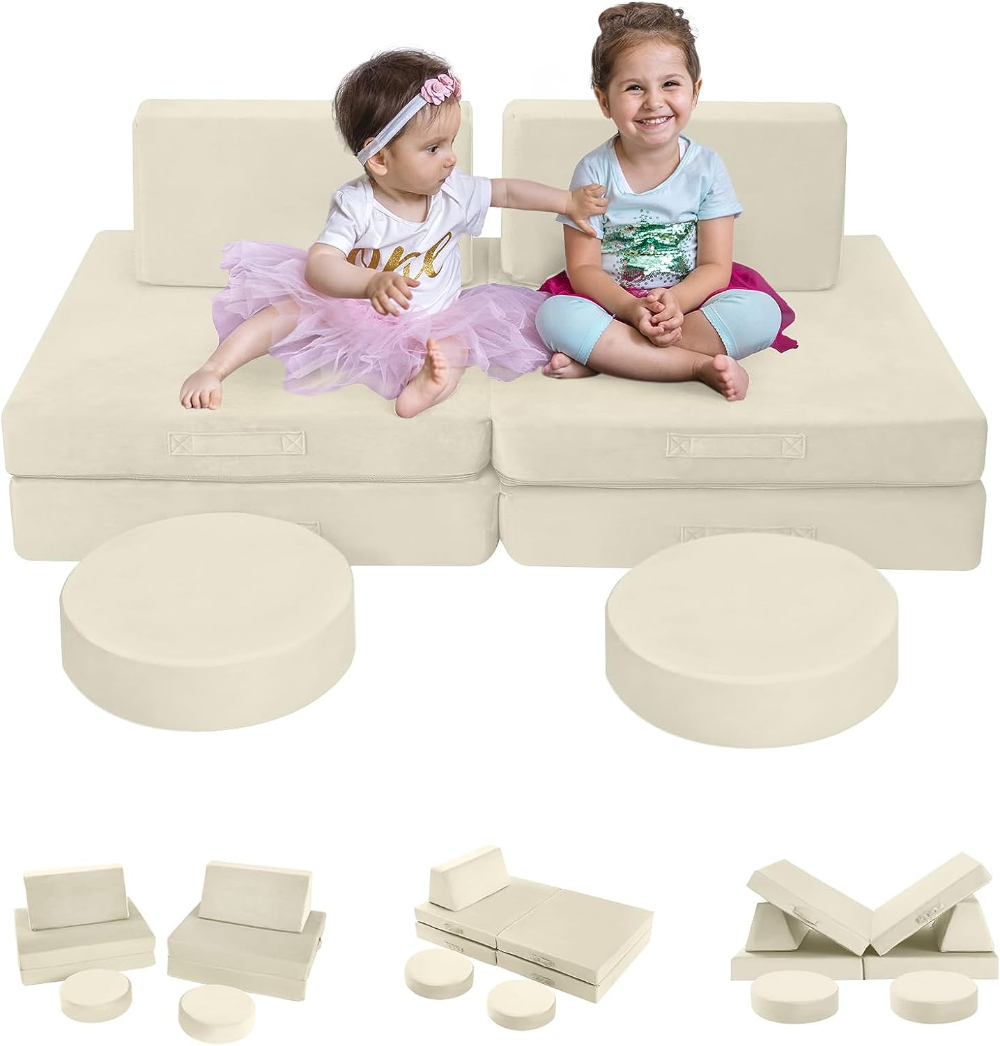 Two girls sitting on Glowsofa's Solid Beige 8 piece kids play couch set