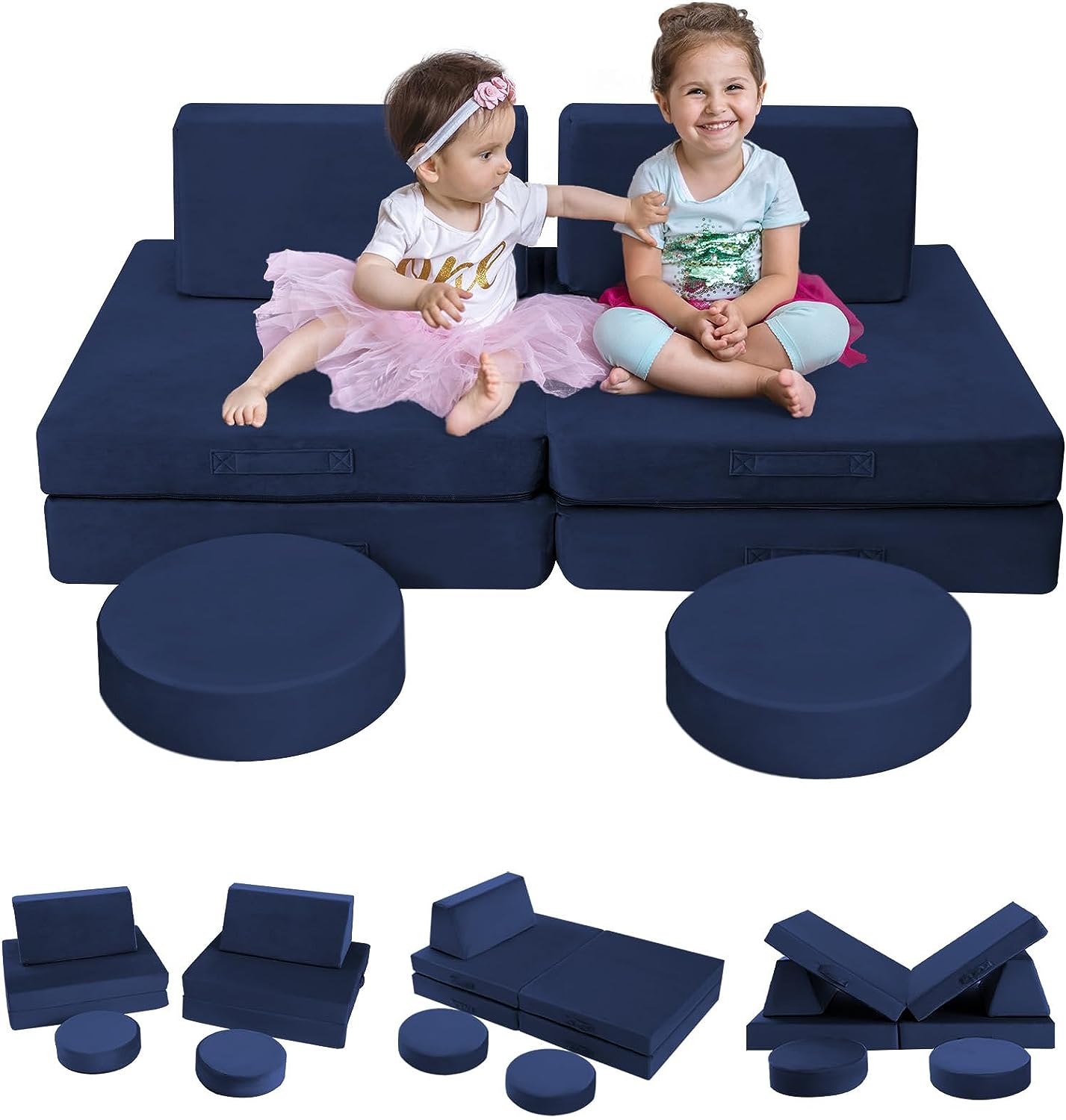 Two girls sitting on Glowsofa's Solid Navy 8 piece kids play couch set
