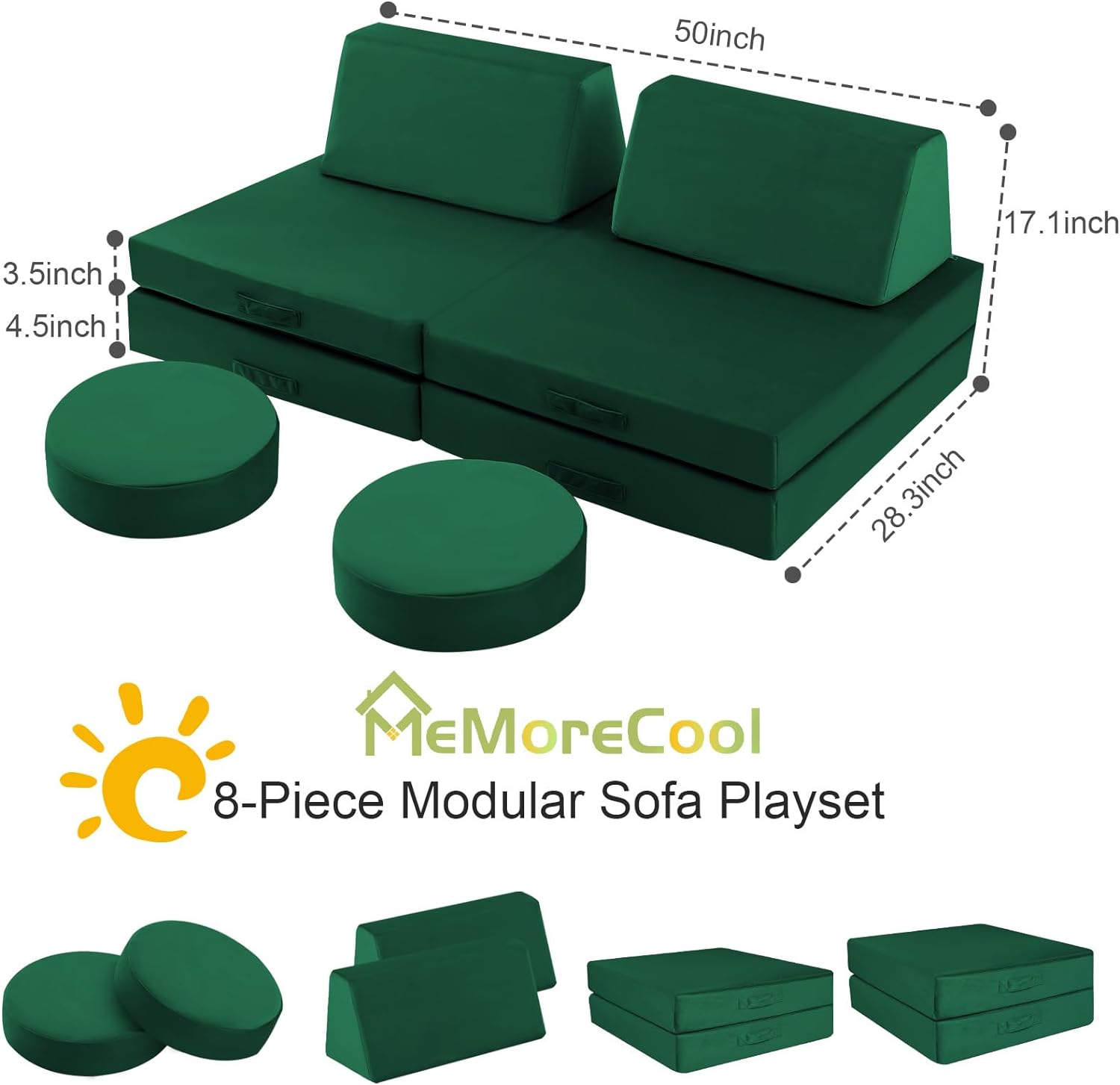 Glowsofa's Solid Green 8 pieces kids play couch measures 28.3 “D x 50 ‘W x 17.1 ’H