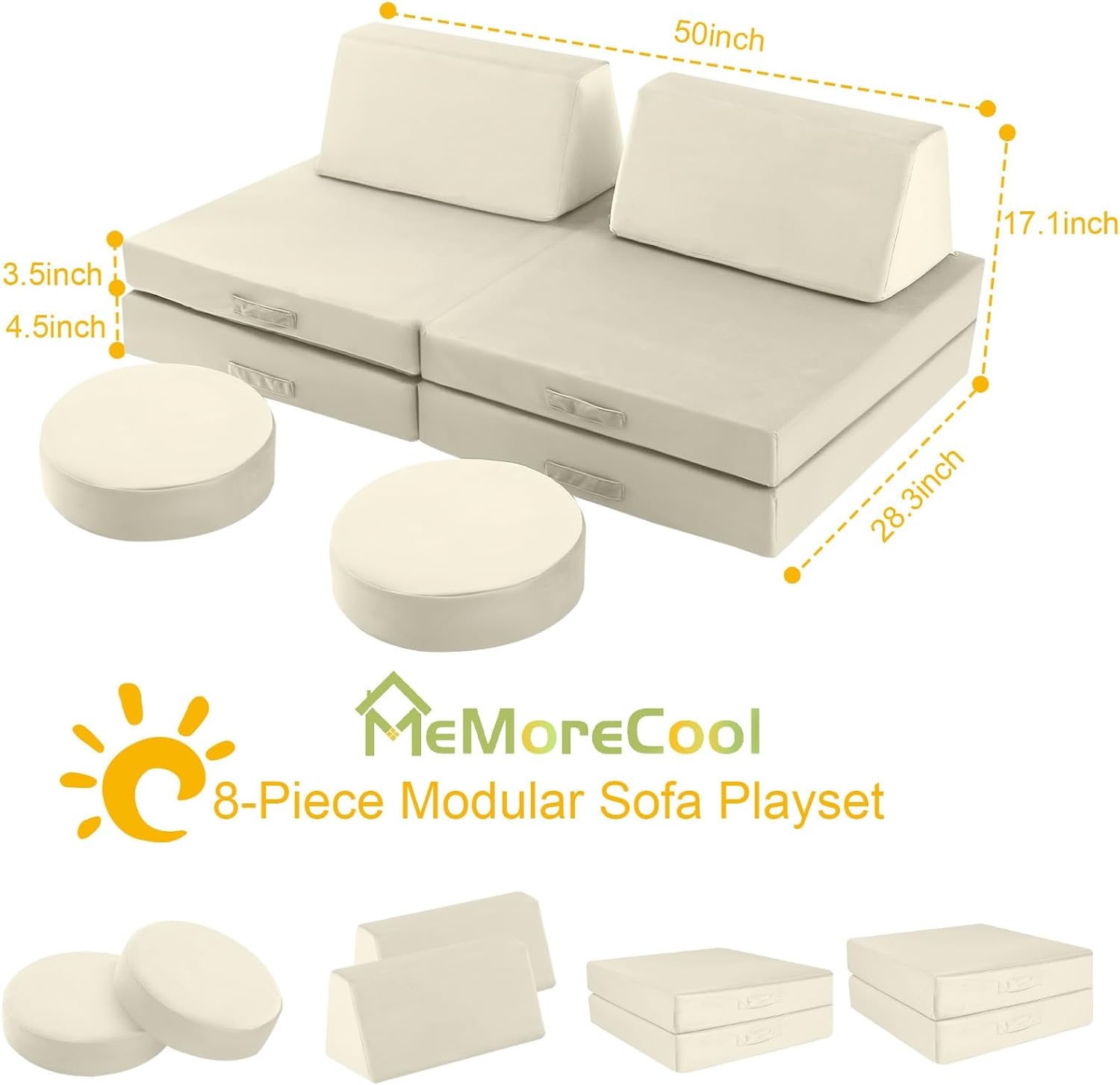 Glowsofa's Solid Beige 8 pieces kids play couch measures 28.3 “D x 50 ‘W x 17.1 ’H