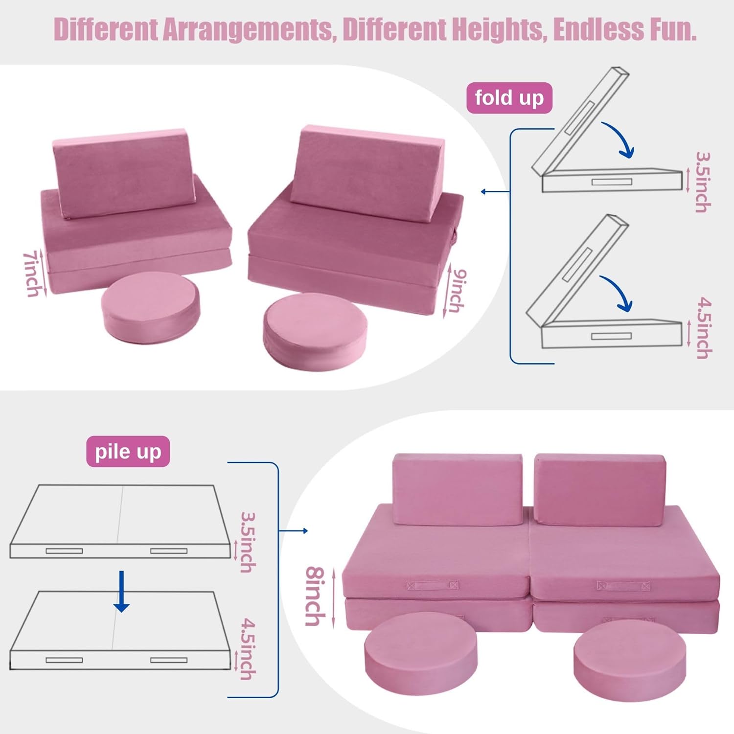 Glowsofa's Solid Pink 8 pieces kids play couch features 8 pieces, four foldable seats, two back cushions, and two round cushions.