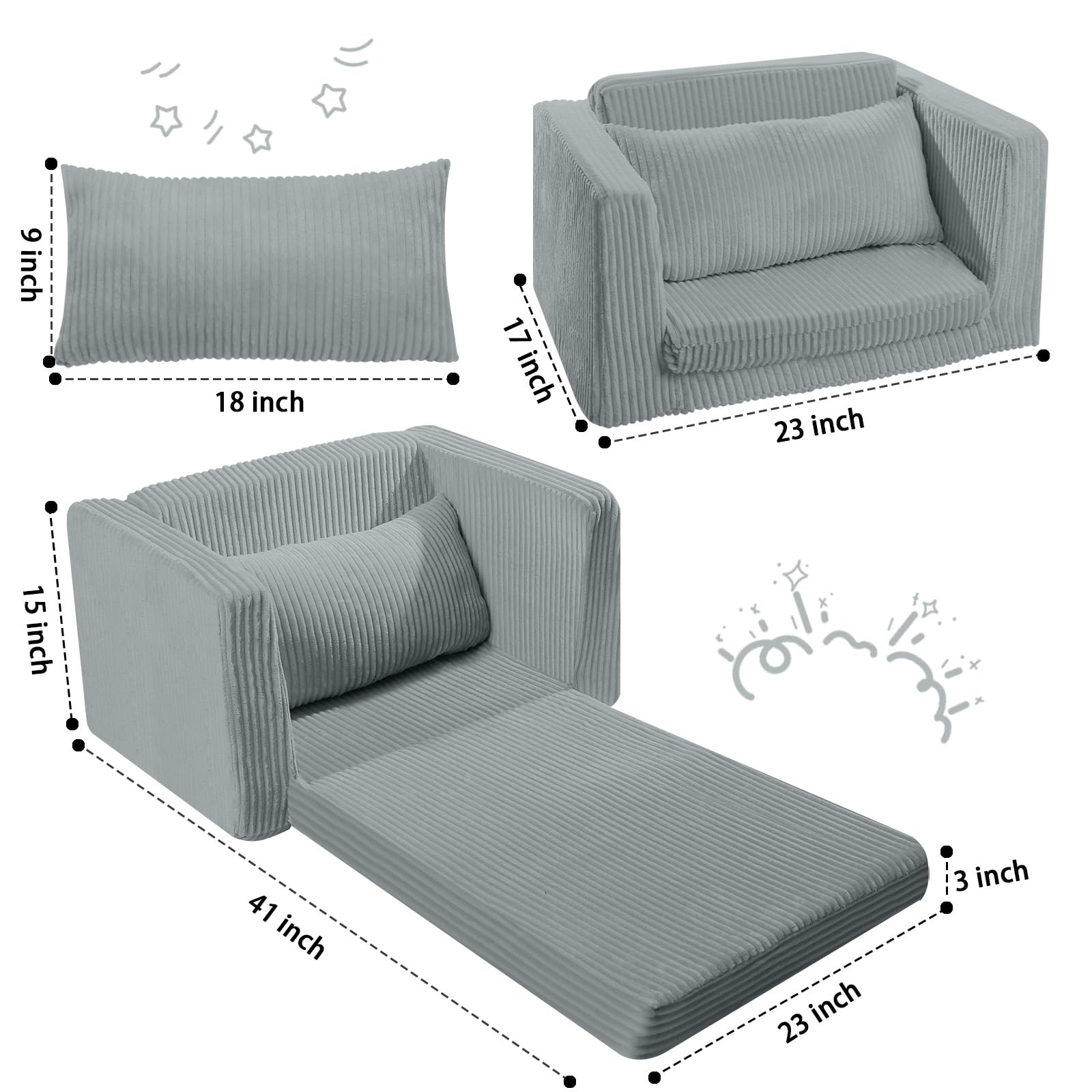 The Seat Height of Glowsofa's Grey Children's Fold Out Sofa is 12.5 Inches and the Product Dimensions are 17 “D x 23 ‘W x 15 ’H.