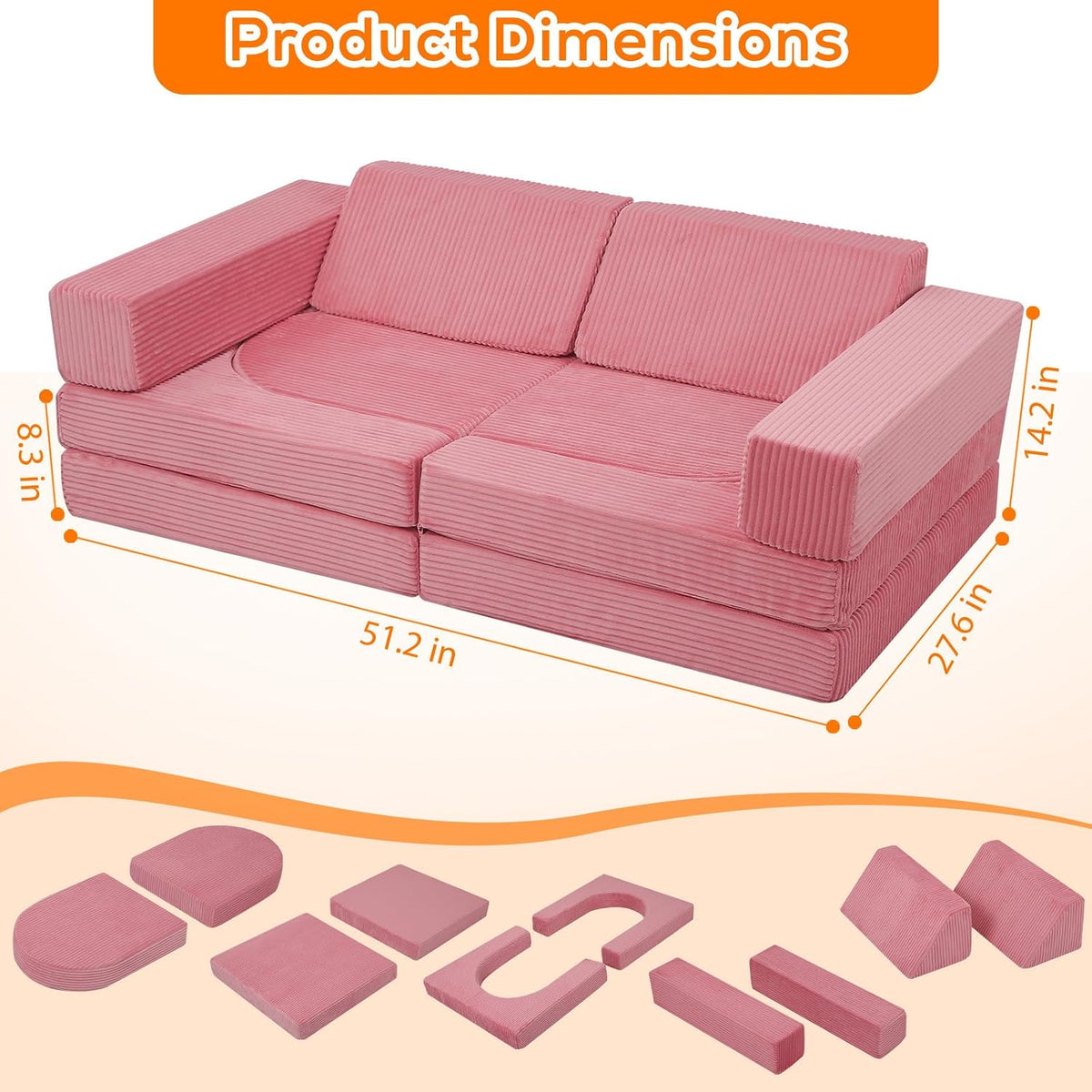10-Piece Modular Play Couch, Pink Corduroy