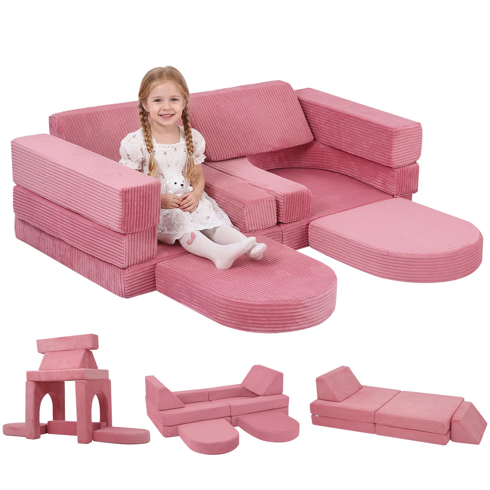 10-Piece Modular Play Couch, Pink Corduroy