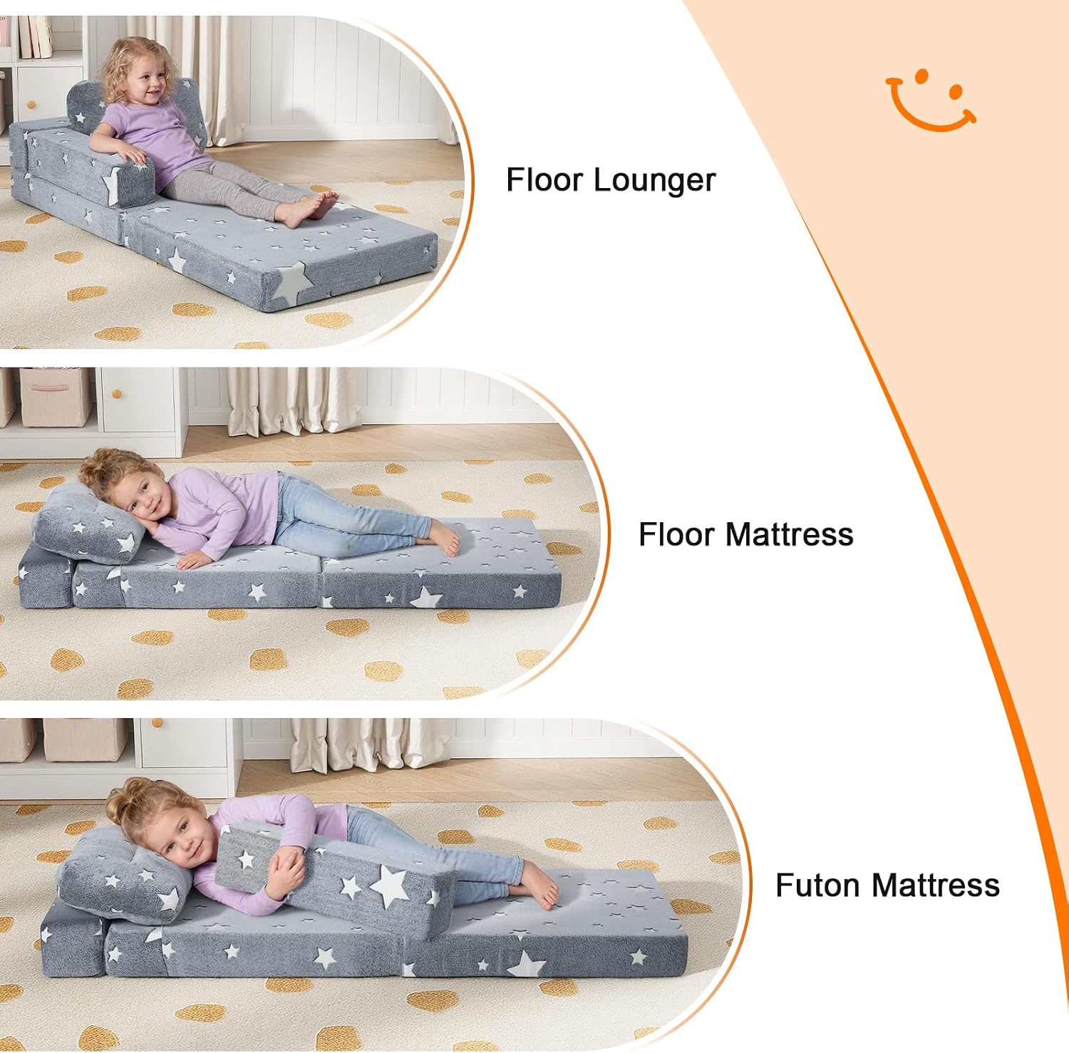 Glow Tri-Fold converts to floor lounger, floor mattress, and futon mattress