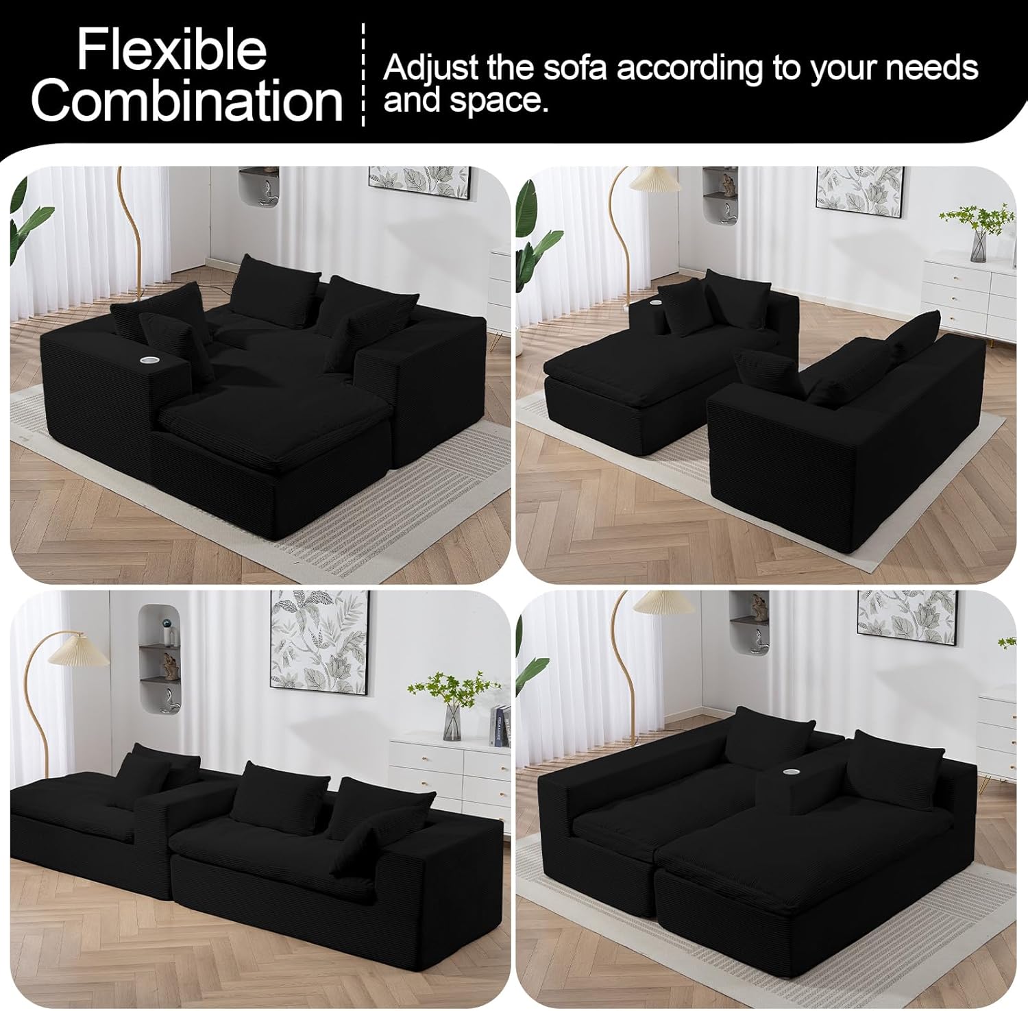 MeMoreCool Black Sectional Couches for Living Room, Comfy Boneless Couch, Cloud Modular Sectional Sofa No Assembly, Modern L Shape Sofa with Chaise, Soft Plush 107 in