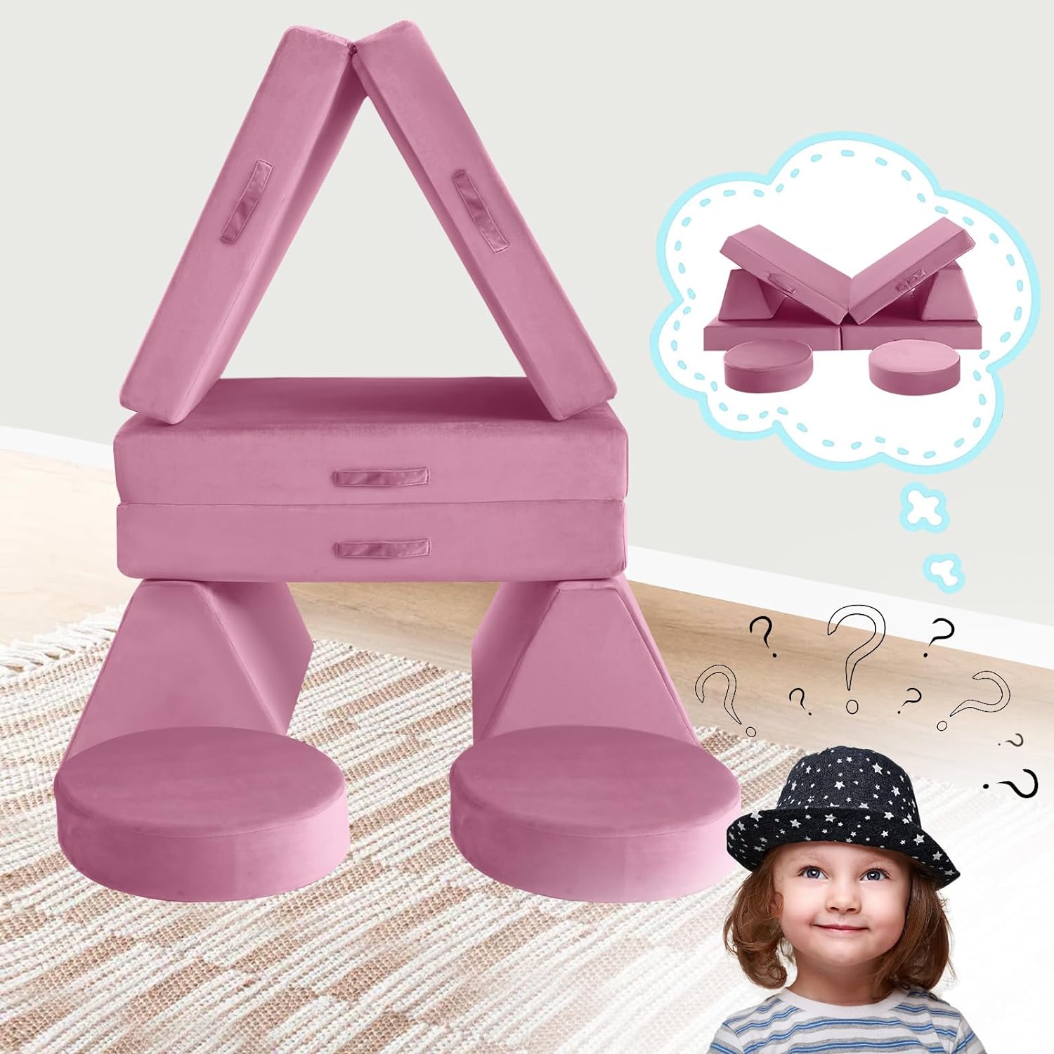 Glowsofa's 8 Solid Pink pieces kids play couch build a castle and lounge chair