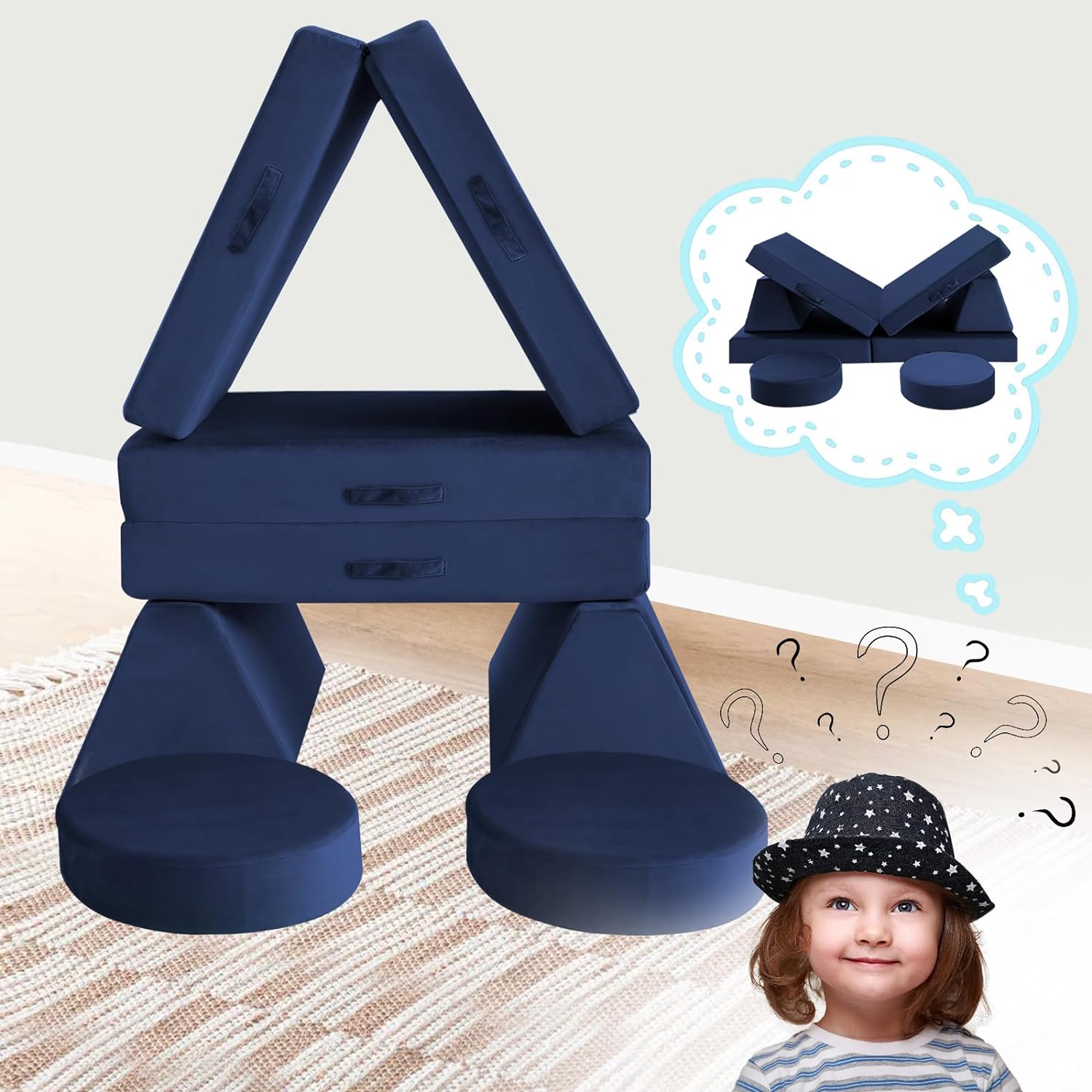 Glowsofa's Solid Navy 8 pieces kids play couch build a castle and lounge chair