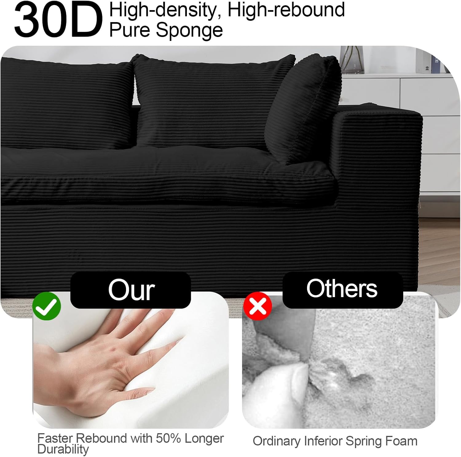 MeMoreCool Black Sectional Couches for Living Room, Comfy Boneless Couch, Cloud Modular Sectional Sofa No Assembly, Modern L Shape Sofa with Chaise, Soft Plush 107 in