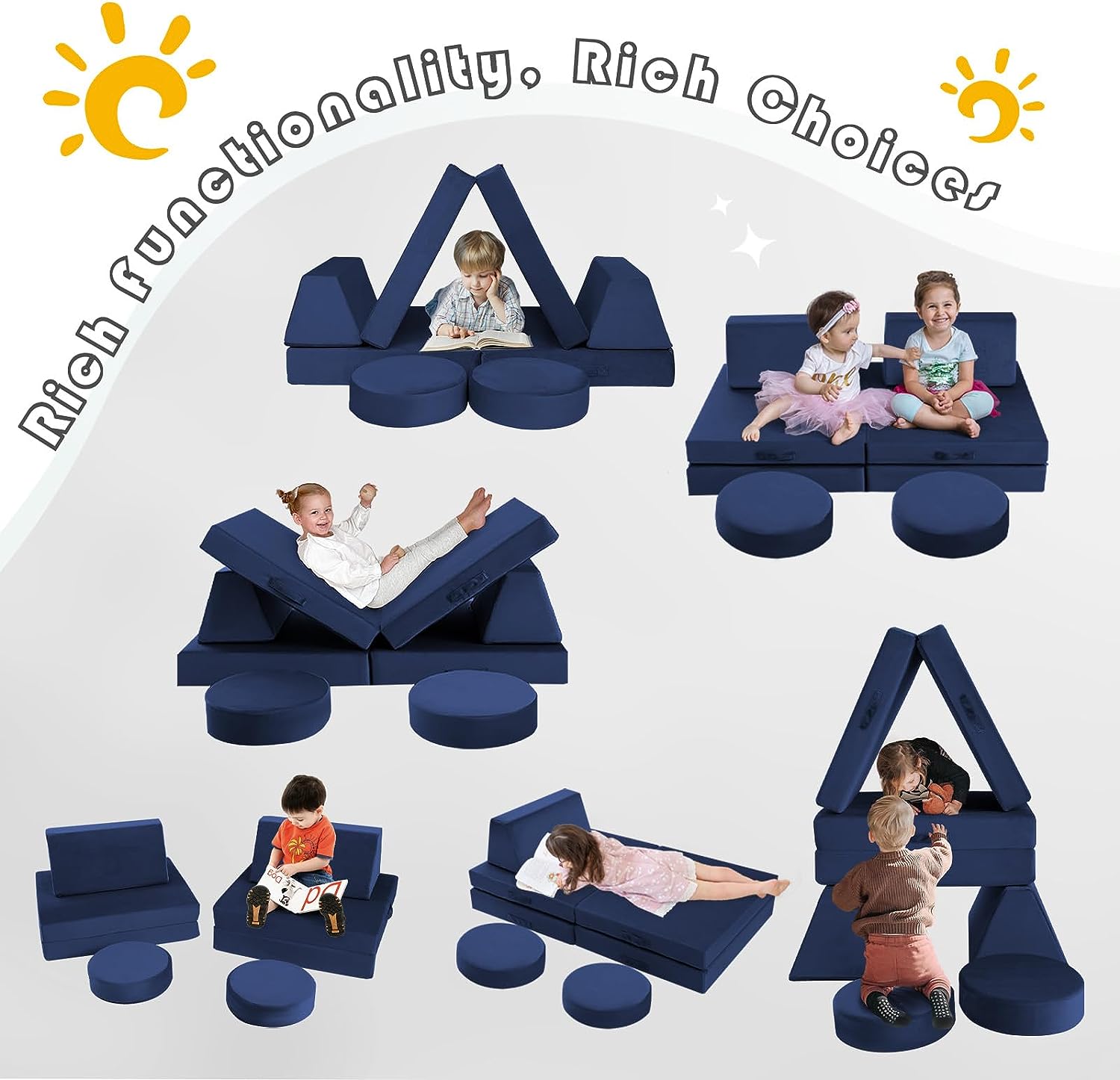 Kids play on different couches built with Glowsofa's Solid Navy 8 pieces kids play couch
