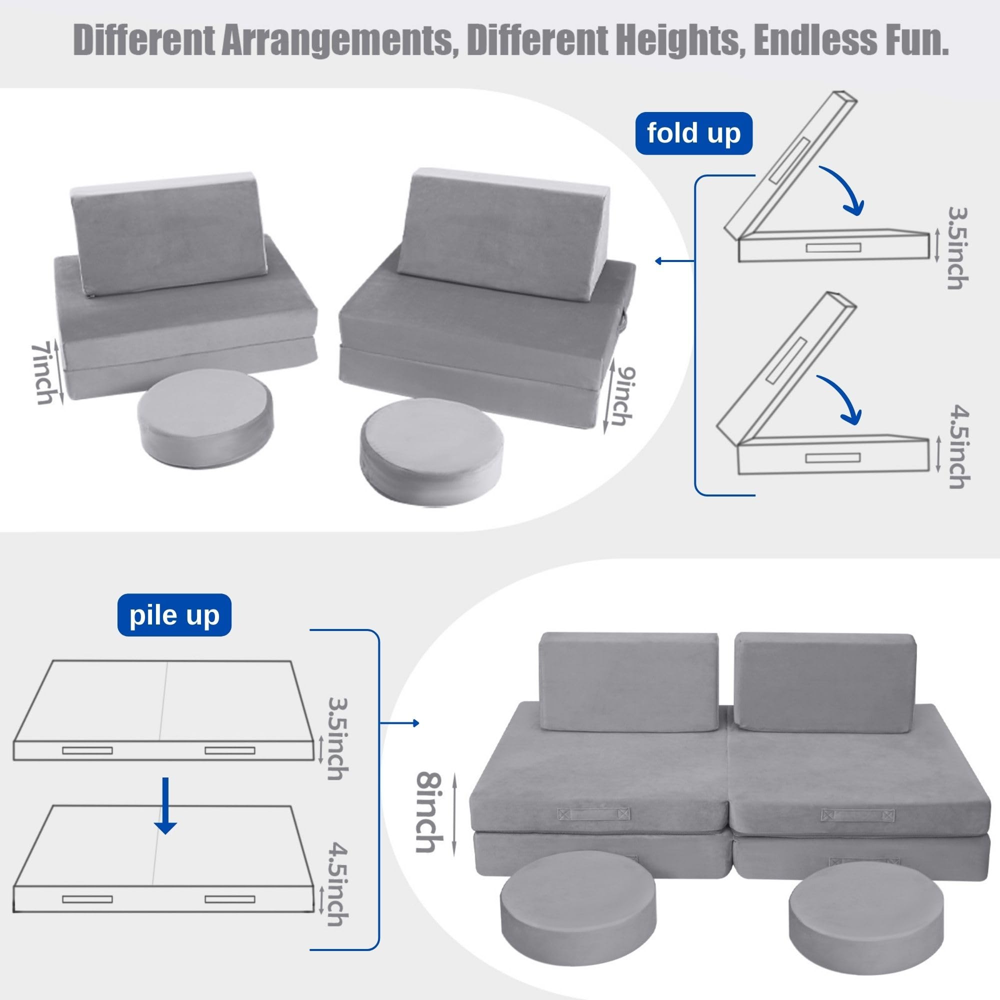 Glowsofa's Solid Grey 8 pieces kids play couch features 8 pieces, four foldable seats, two back cushions, and two round cushions.