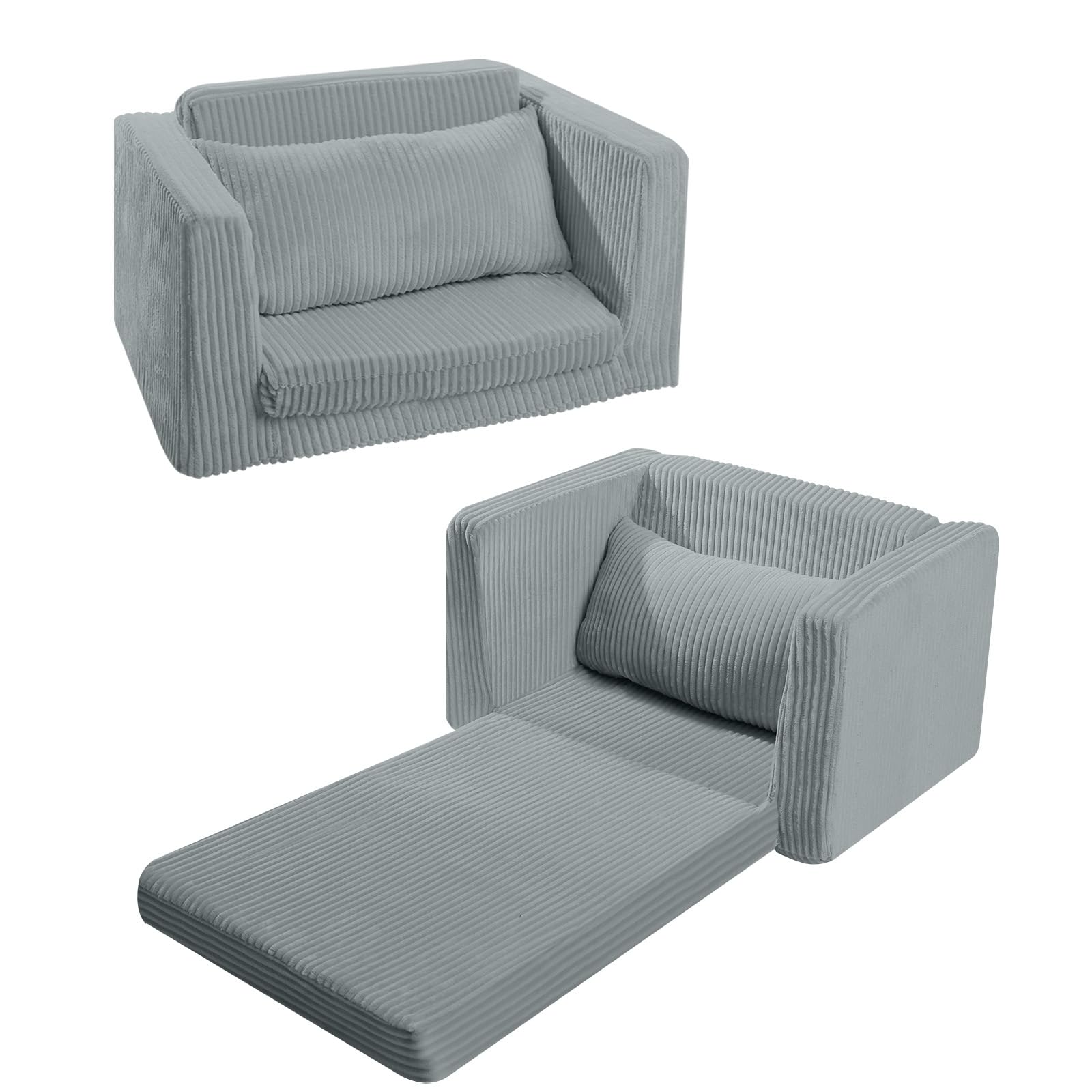 Glowsofa's Grey Children's Fold Out Sofa Folded and Unfolded Status