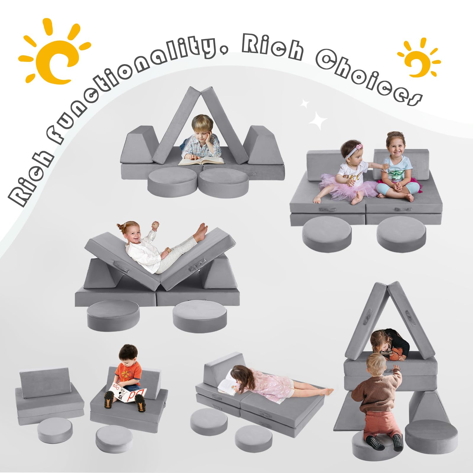 Kids play on different couches built with Glowsofa's Solid Grey 8 pieces kids play couch