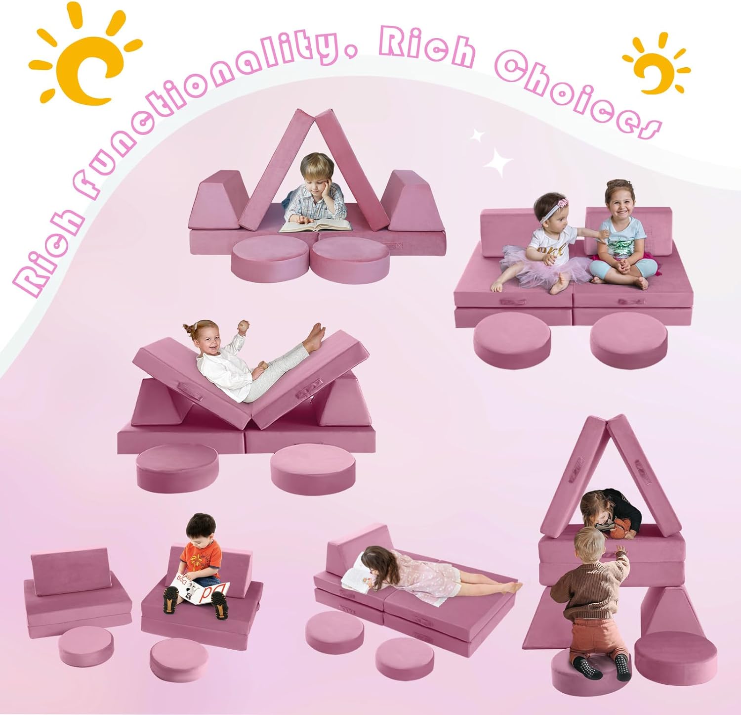 Kids play on different couches built with Glowsofa's Solid Pink 8 pieces kids play couch