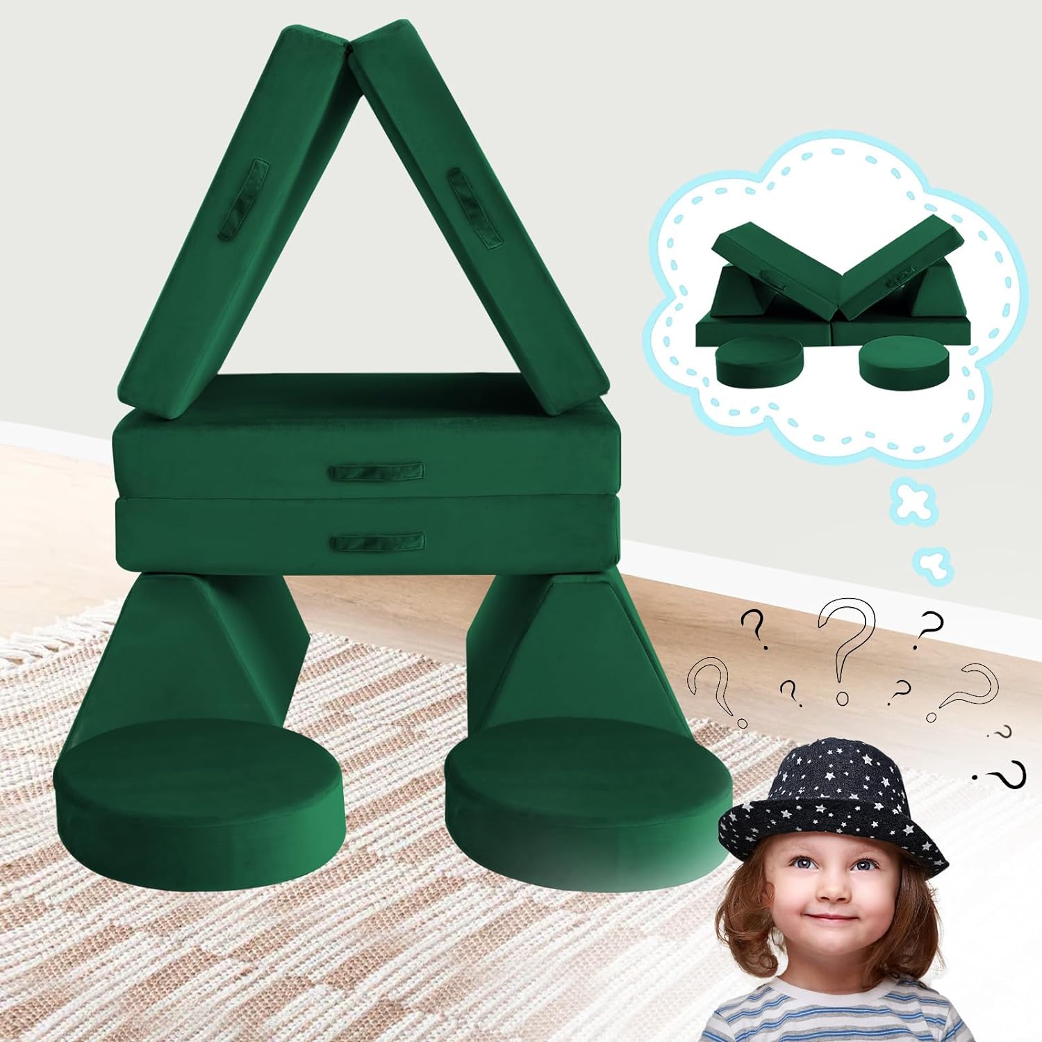 Glowsofa's 8 Solid Green pieces kids play couch build a castle and lounge chair