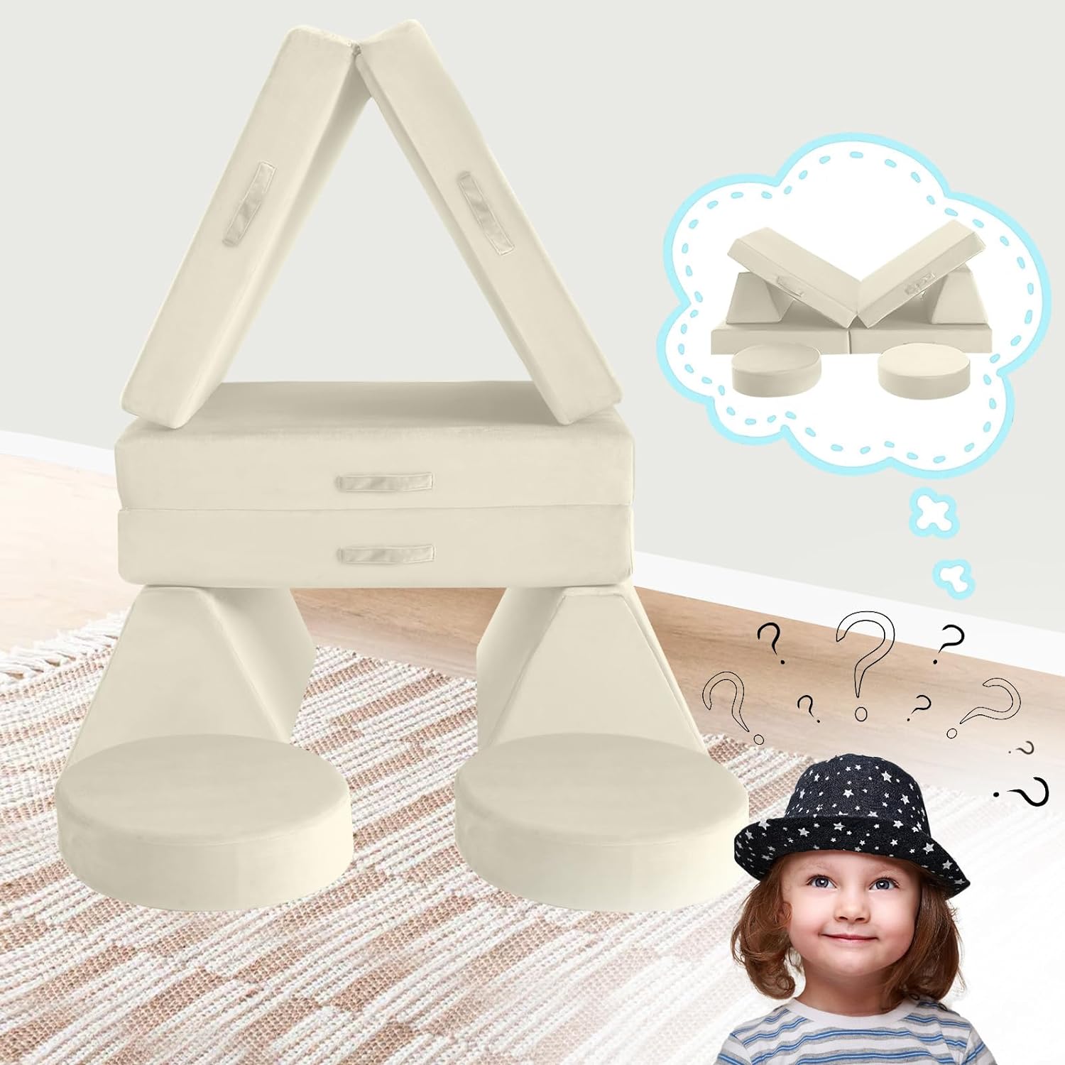 Glowsofa's Solid Beige 8 pieces kids play couch build a castle and lounge chair