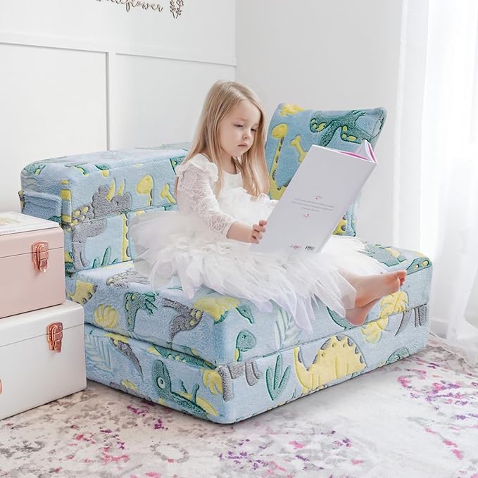 Girls Sitting Blue Dinosaur Convertible Kids Foldable Floor MattressIGlowsofa