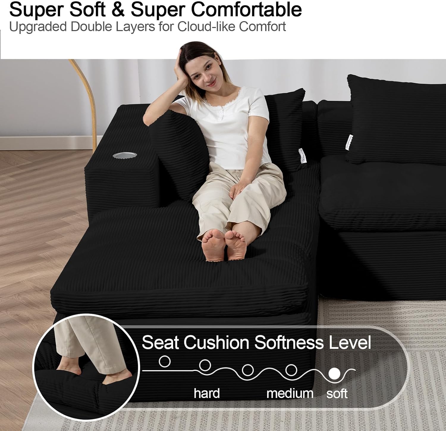 MeMoreCool Black Sectional Couches for Living Room, Comfy Boneless Couch, Cloud Modular Sectional Sofa No Assembly, Modern L Shape Sofa with Chaise, Soft Plush 107 in