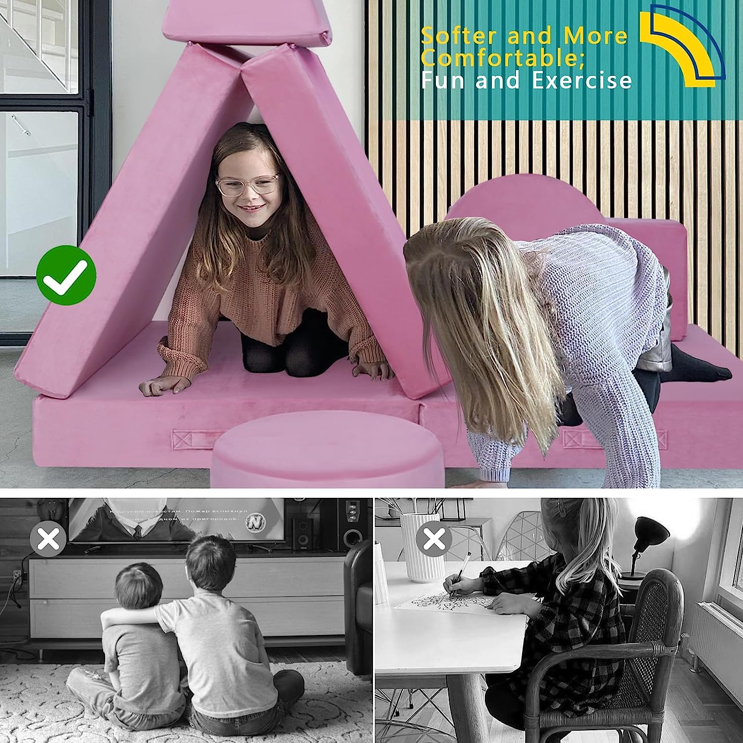 Mini tent made of soft and supportive Glowsofa's Solid Pink 8 pieces kids play couch