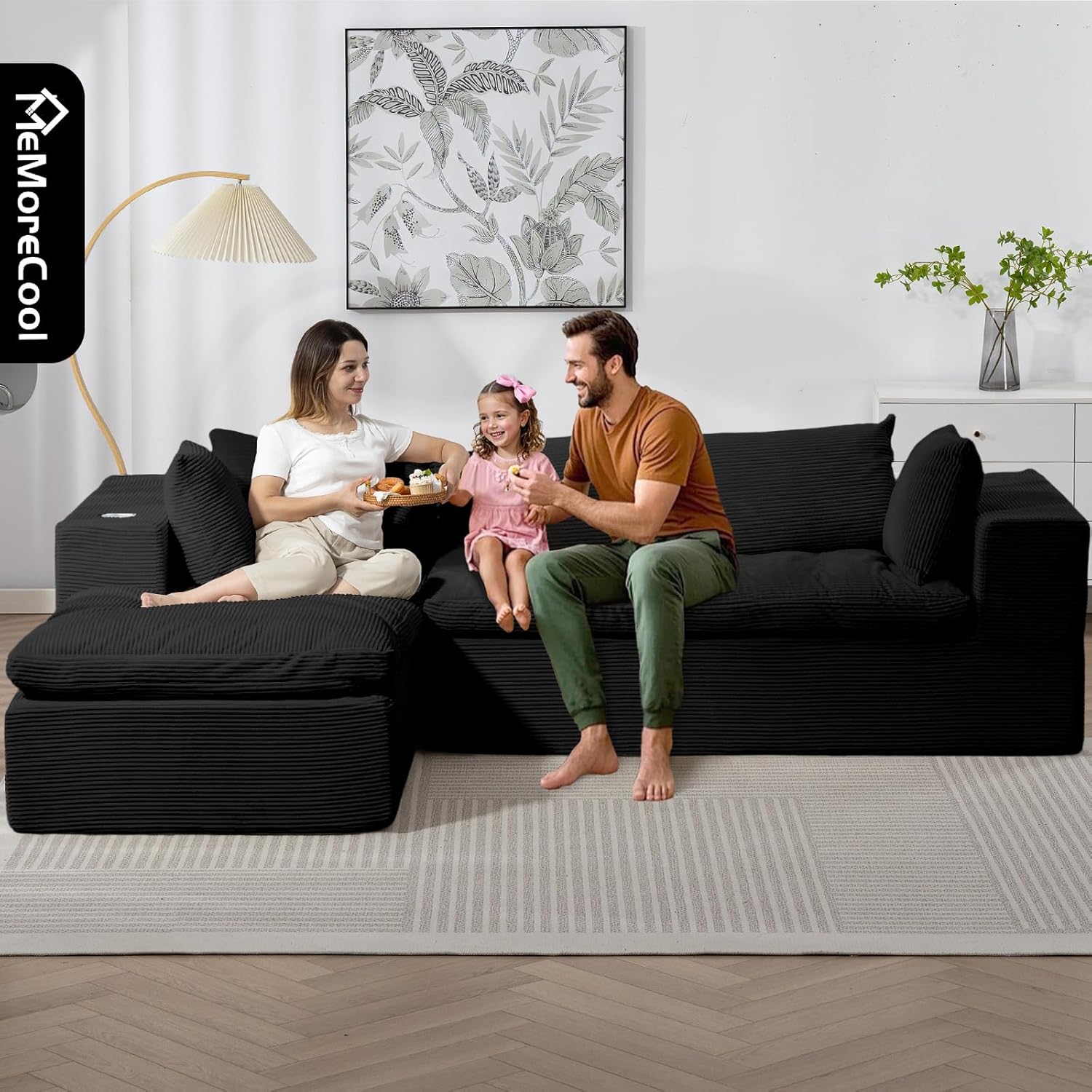 MeMoreCool Black Sectional Couches for Living Room, Comfy Boneless Couch, Cloud Modular Sectional Sofa No Assembly, Modern L Shape Sofa with Chaise, Soft Plush 107 in