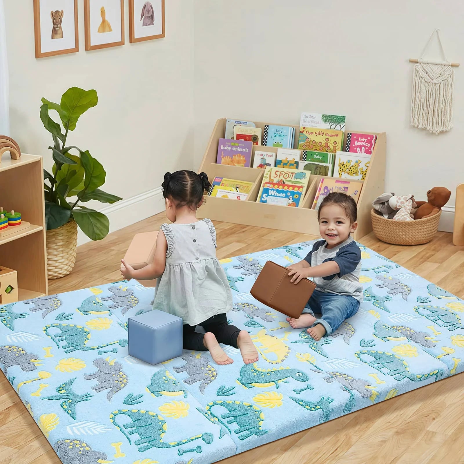 Two girl playing on Blue Dinosaur Glow Foam Baby Play Mat