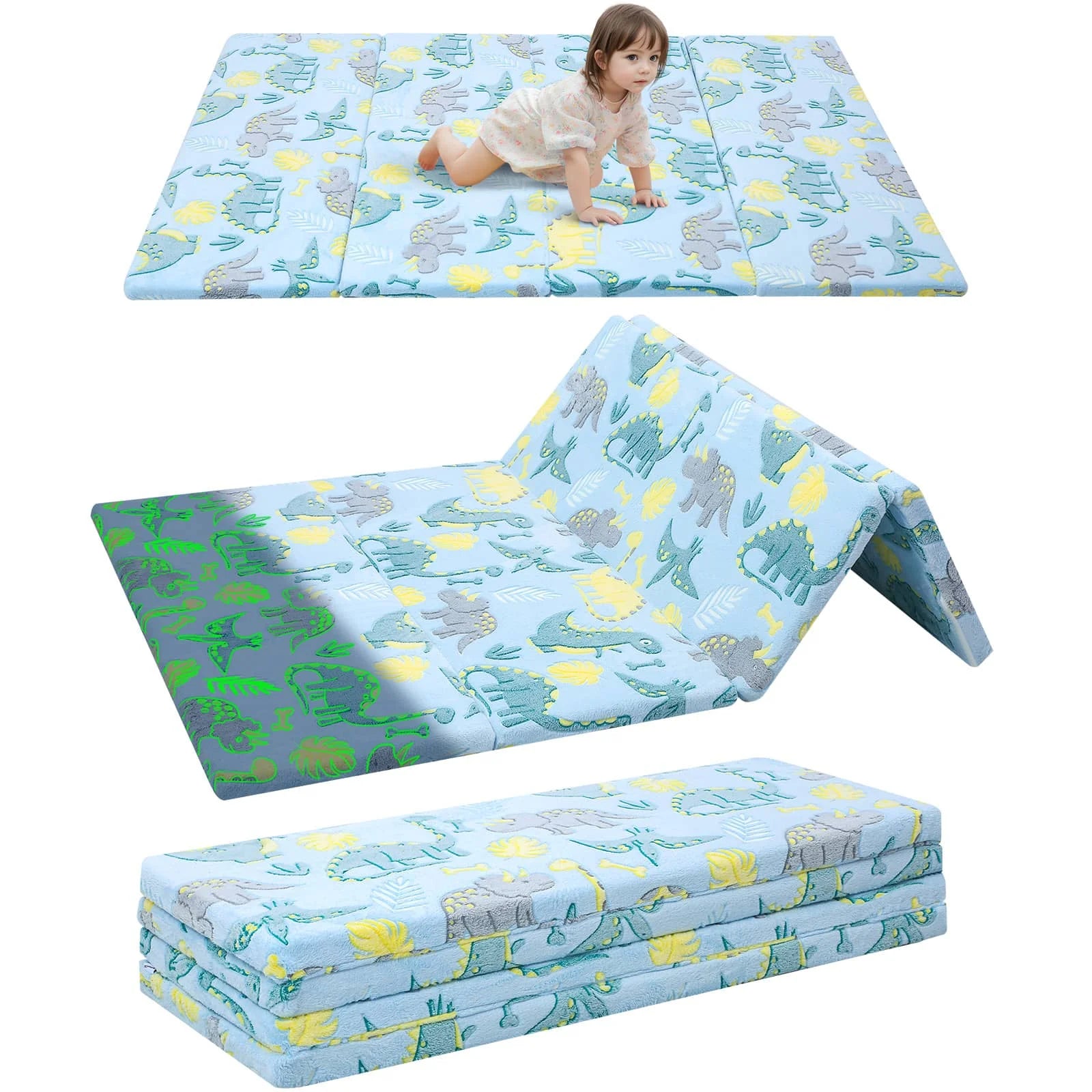 Blue Dinosaur Glow Foam Baby Play Mat on White