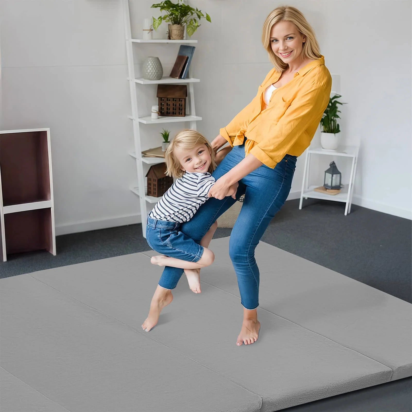 Girl and mom playing at Grey Glow Foam Baby Play Mat