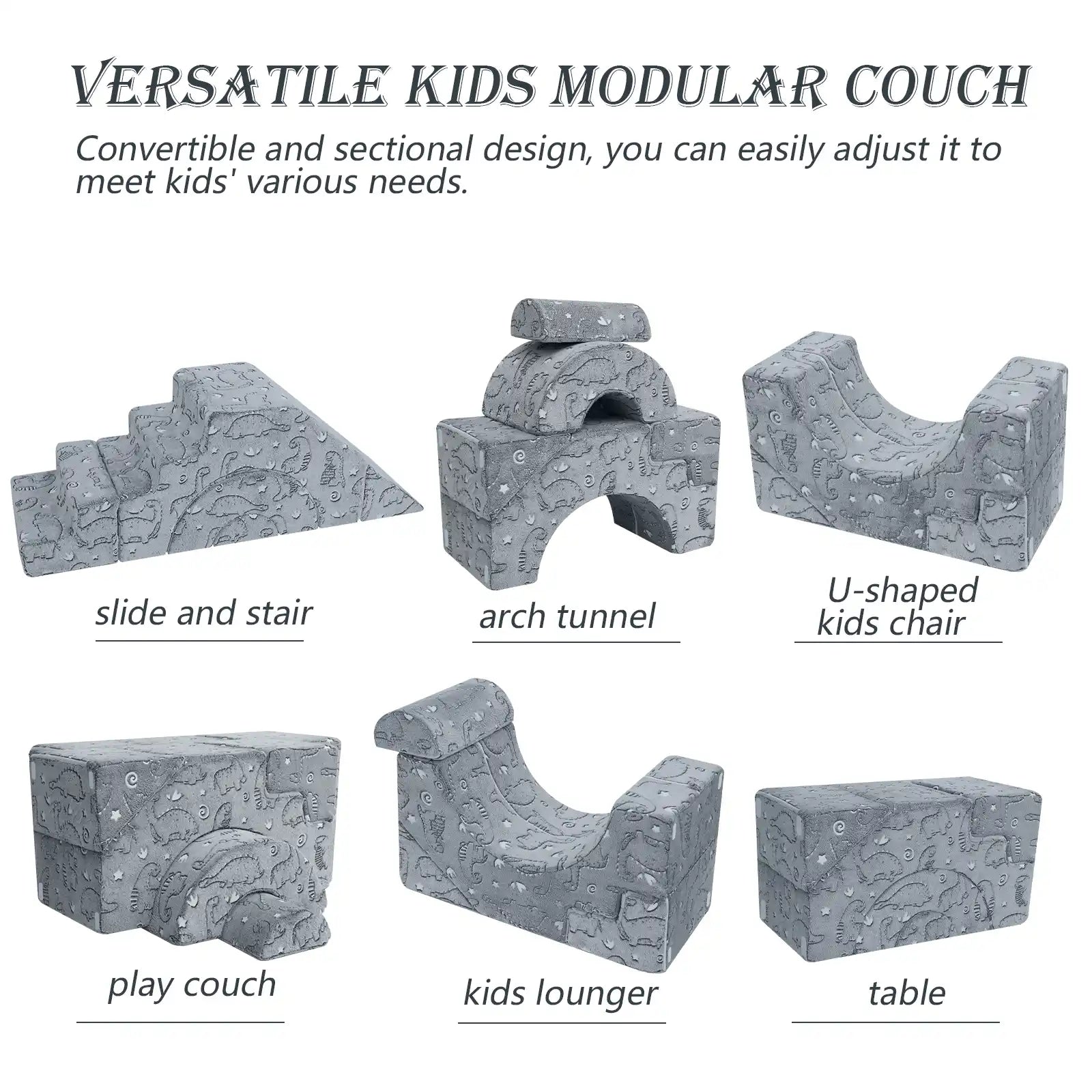 Glowsofa's Glowing Dinosaur Climbing Kids Play Couch can build these shapes including slide and stair, arch tunnel, U-shaped kids chair, play couch, kids lounger, table