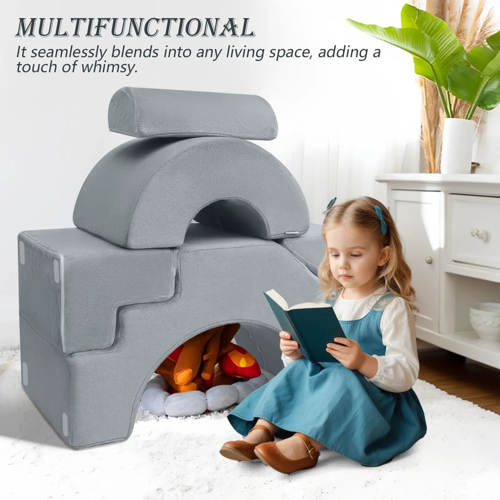 Girls read by an arch tunnel made up of Glowsofa's Solid Grey Climbing Kids Play Couch