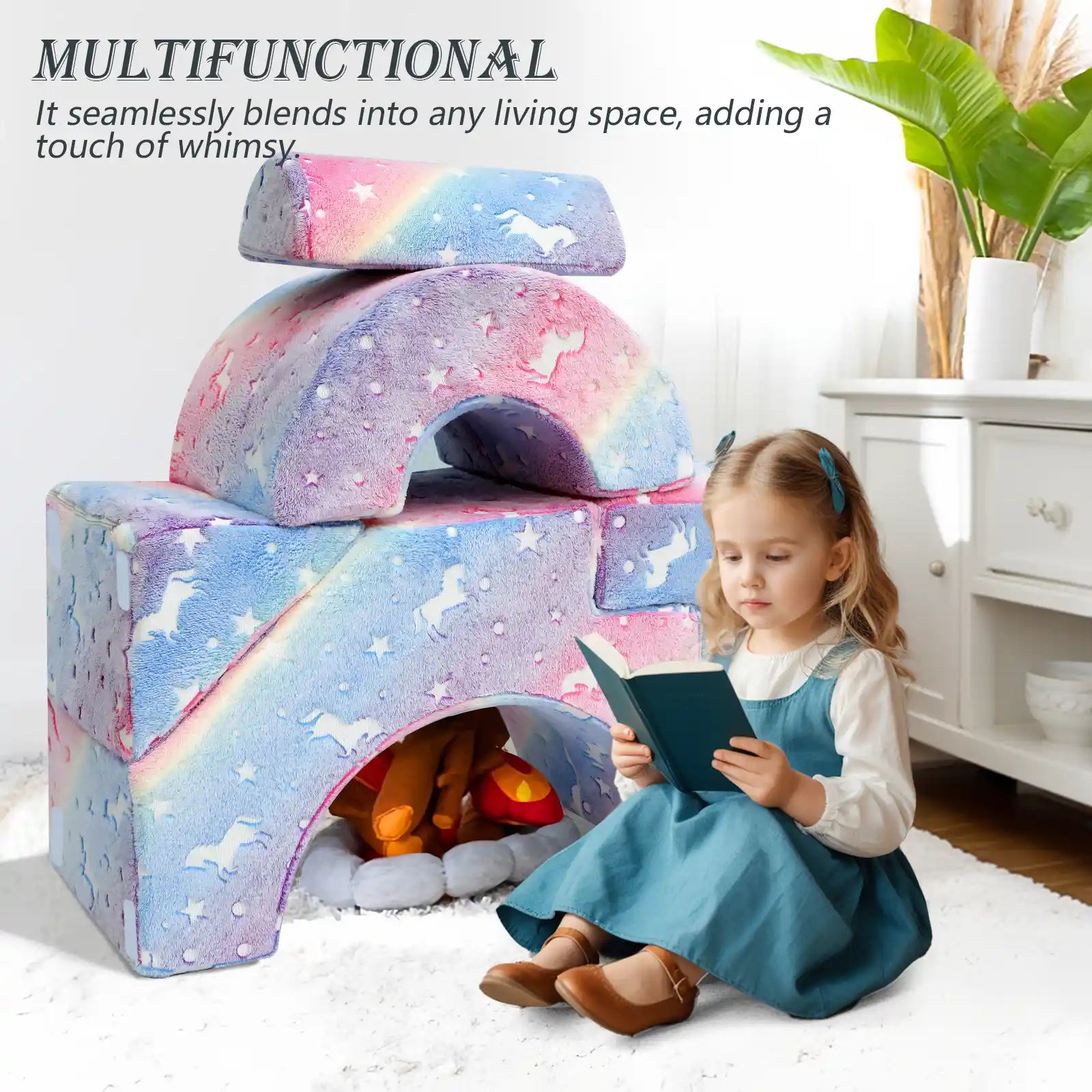 Girls read by an arch tunnel made up of Glowsofa's Glowing Rainbow Climbing Kids Play Couch