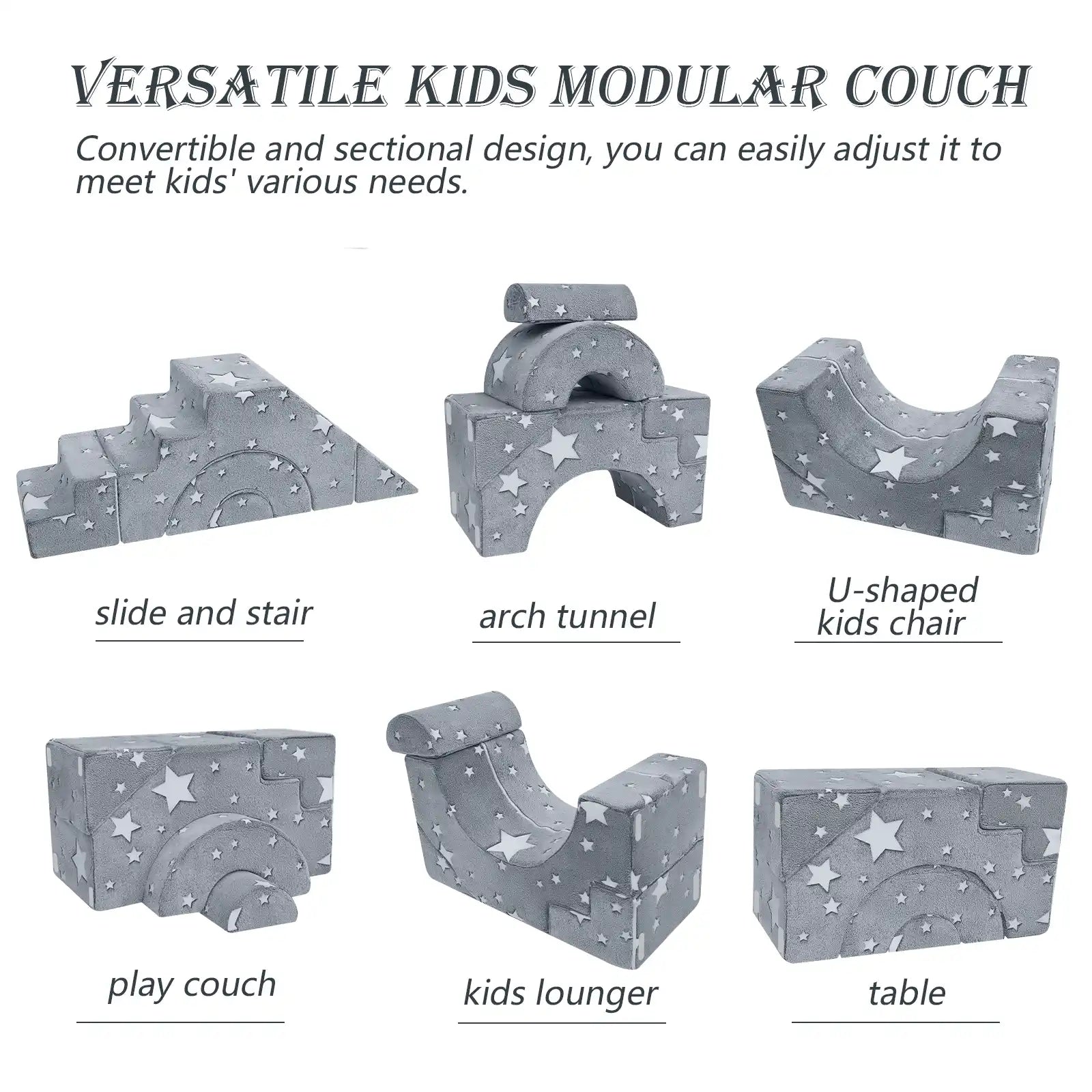 Glowsofa's Glowing Star Climbing Kids Play Couch can build these shapes including slide and stair, arch tunnel, U-shaped kids chair, play couch, kids lounger, table