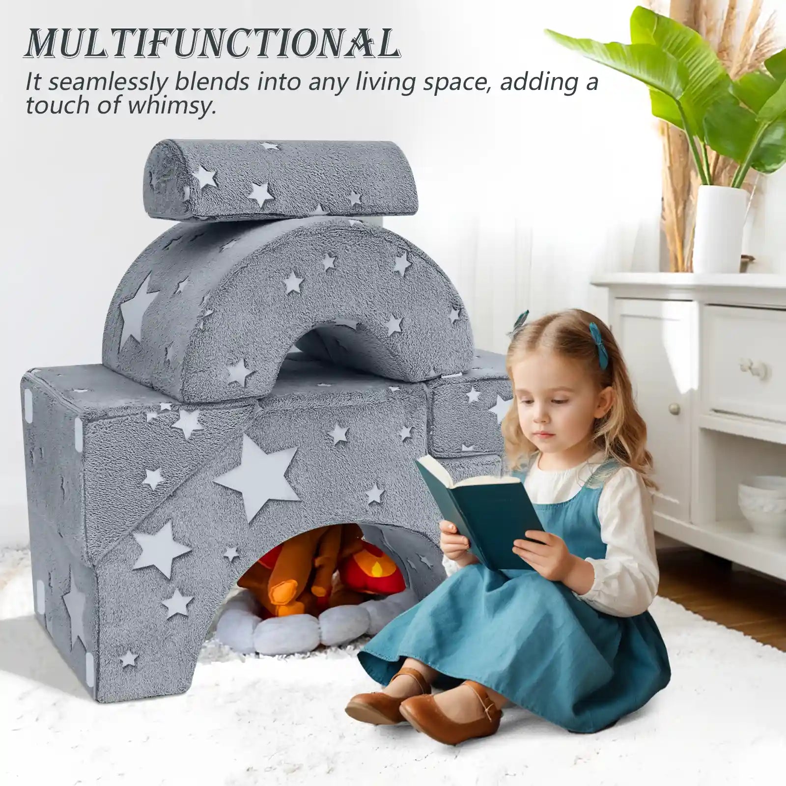 Girls read by an arch tunnel made up of Glowsofa's Glowing Star Climbing Kids Play Couch