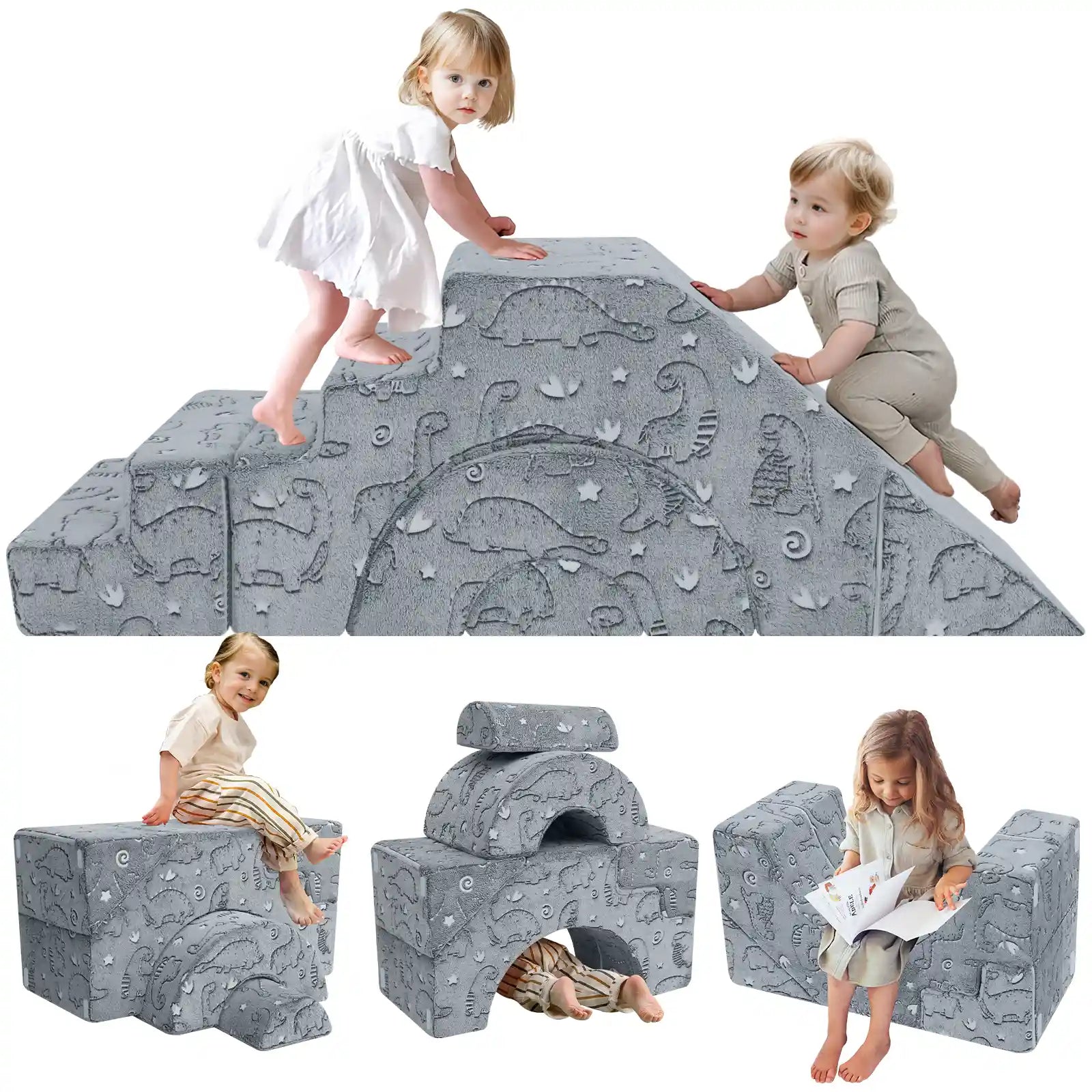Kids climb and slide on the Glowsofa's Glowing Dinosaur Climbing Kids Play Couch
