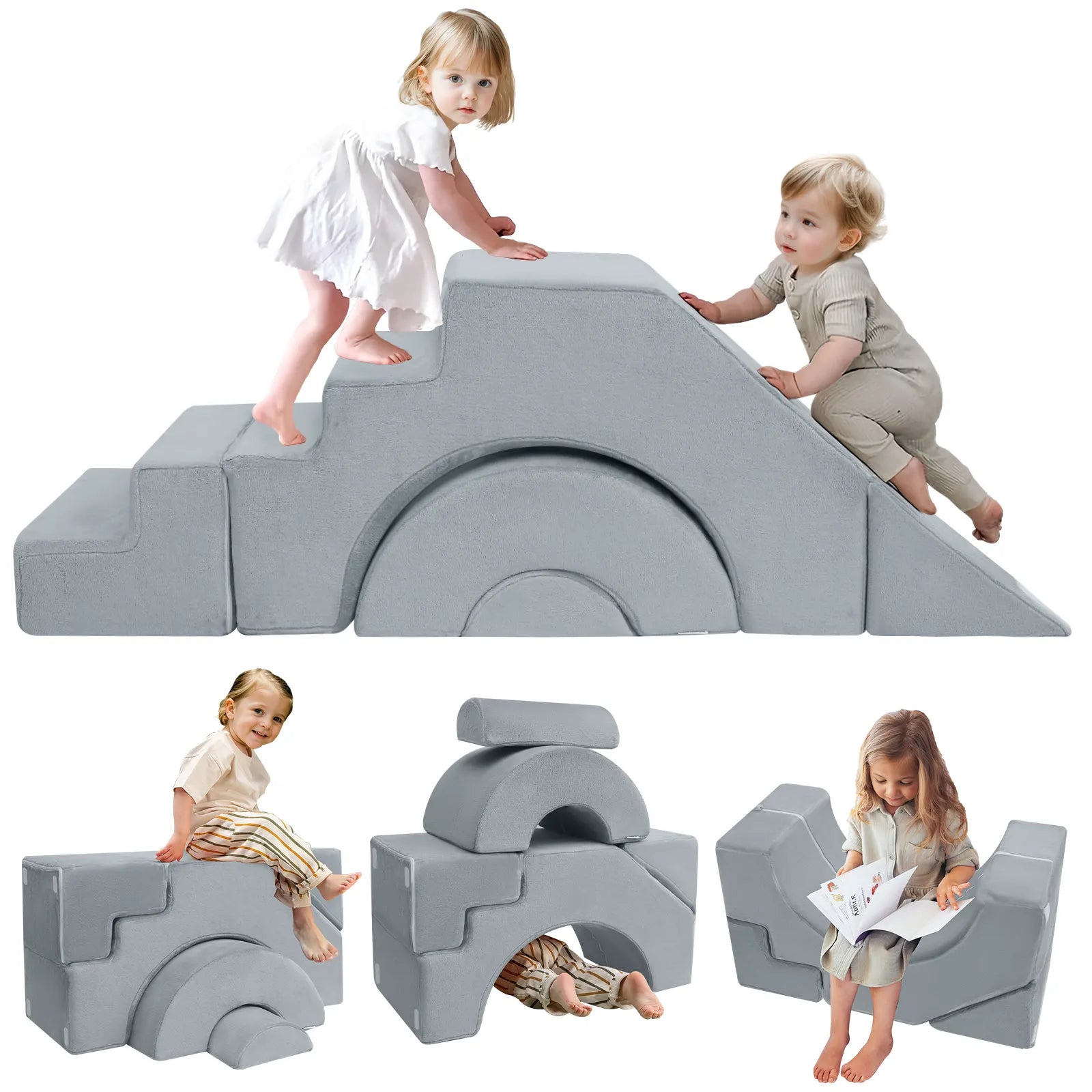 Kids climb and slide on the Glowsofa's Solid Grey Climbing Kids Play Couch