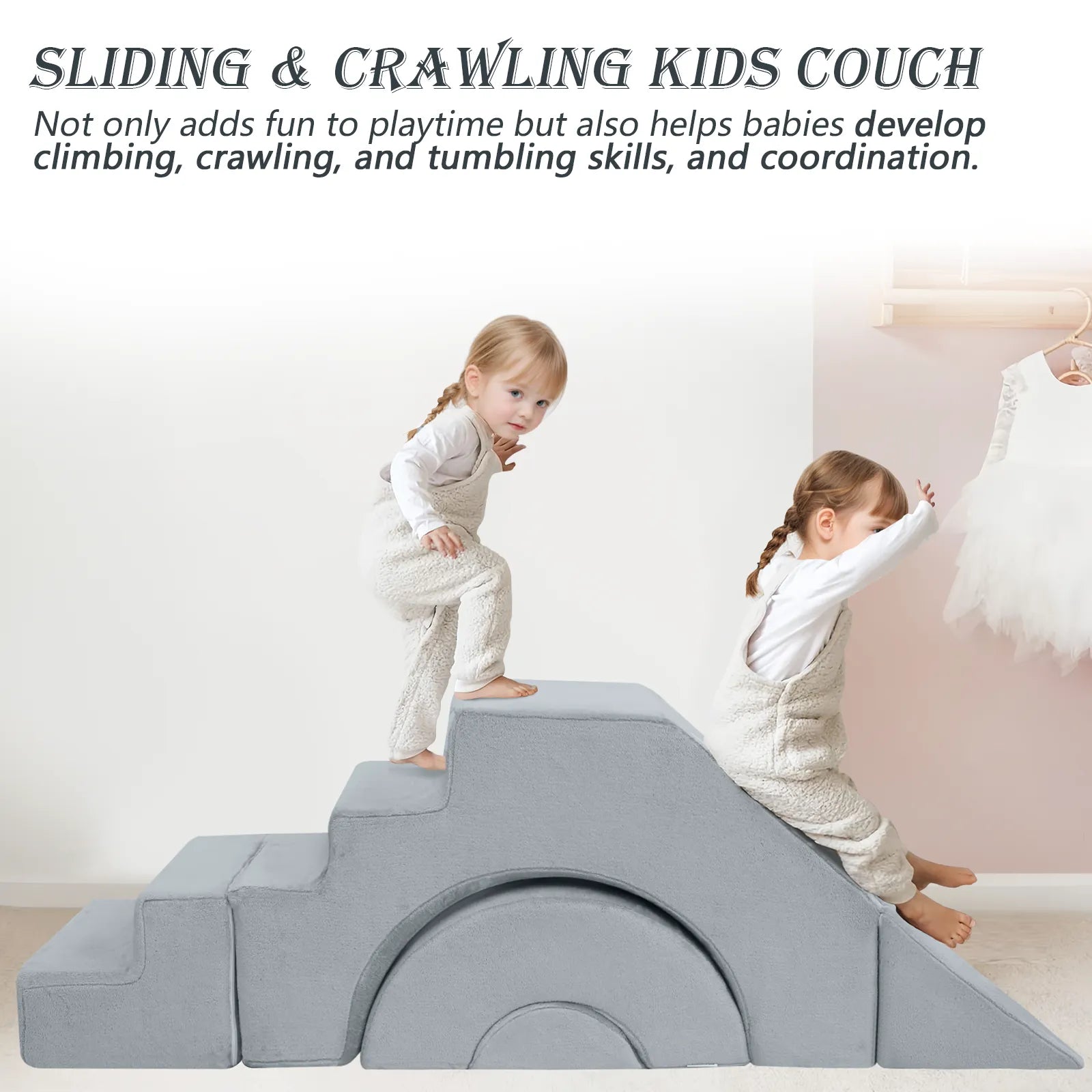 Glowsofa's Solid Grey Climbing Kids Play Couch not only adds fun to playtime but also helps babies develop climbing, crawling, and tumbling skills, and coordination.