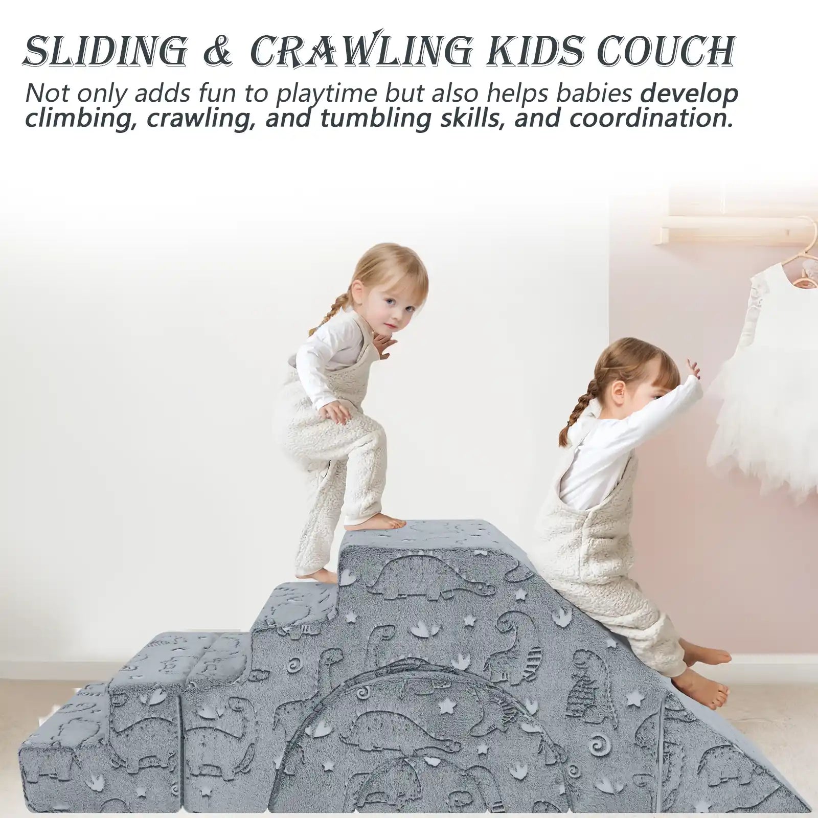 Glowsofa's Glowing Dinosaur Climbing Kids Play Couch not only adds fun to playtime but also helps babies develop climbing, crawling, and tumbling skills, and coordination.