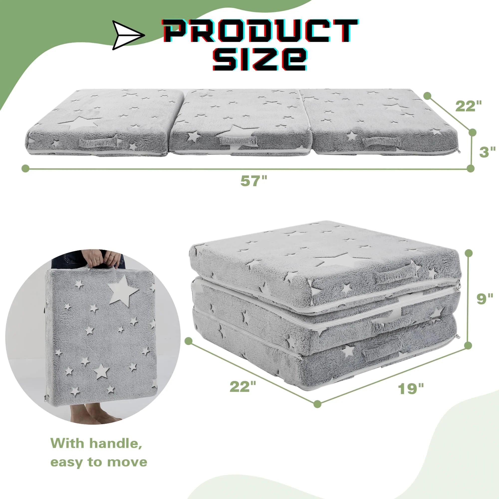 The Folding Floor Mattress For Kids- Grey Star measures 57 “L x 22 ‘W x 3 ’Th.