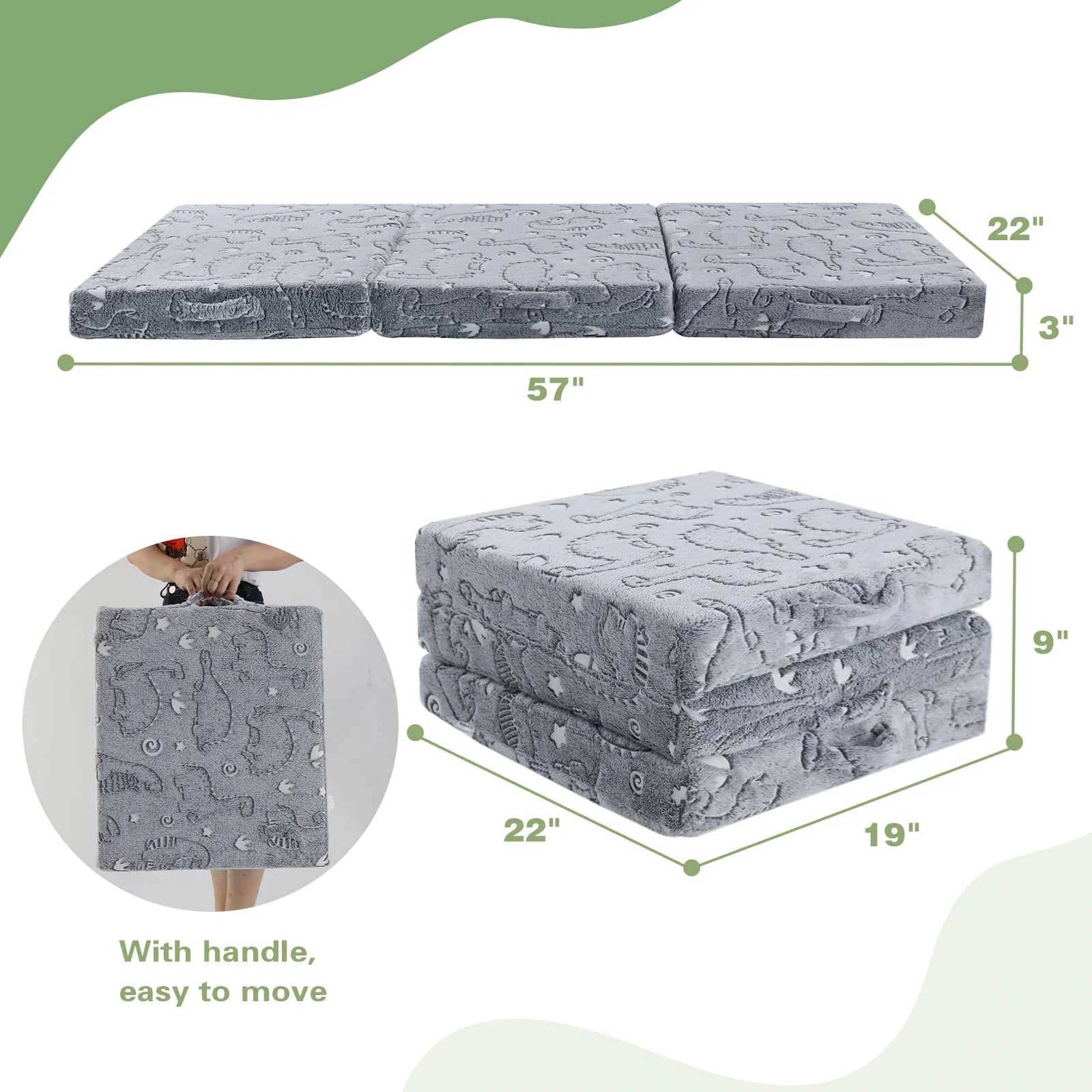 The Folding Floor Mattress For Kids- Grey Dinosaur measures 57 “L x 22 ‘W x 3 ’Th.