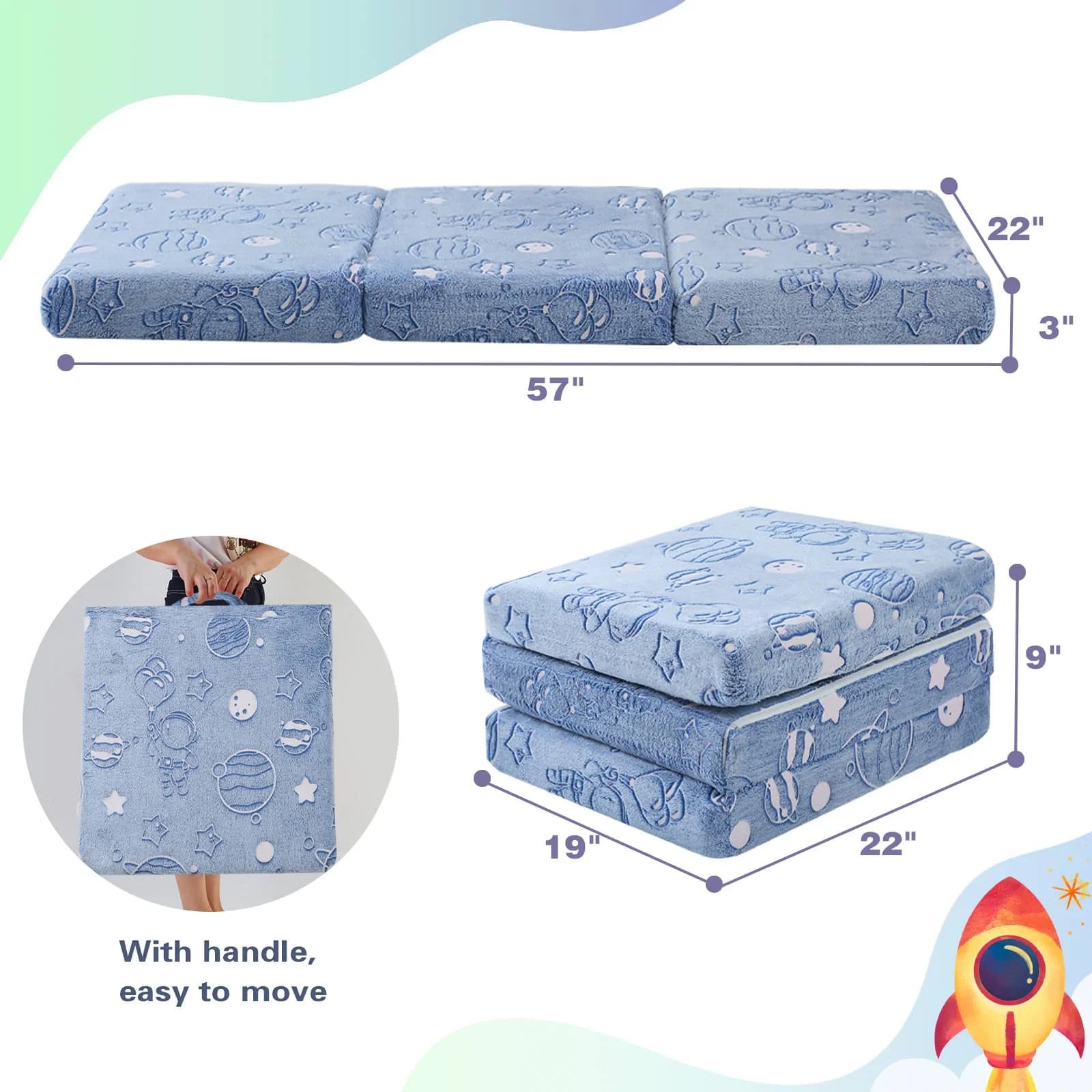The Folding Floor Mattress For Kids-Blue Astronaut measures 57 “L x 22 ‘W x 3 ’Th.