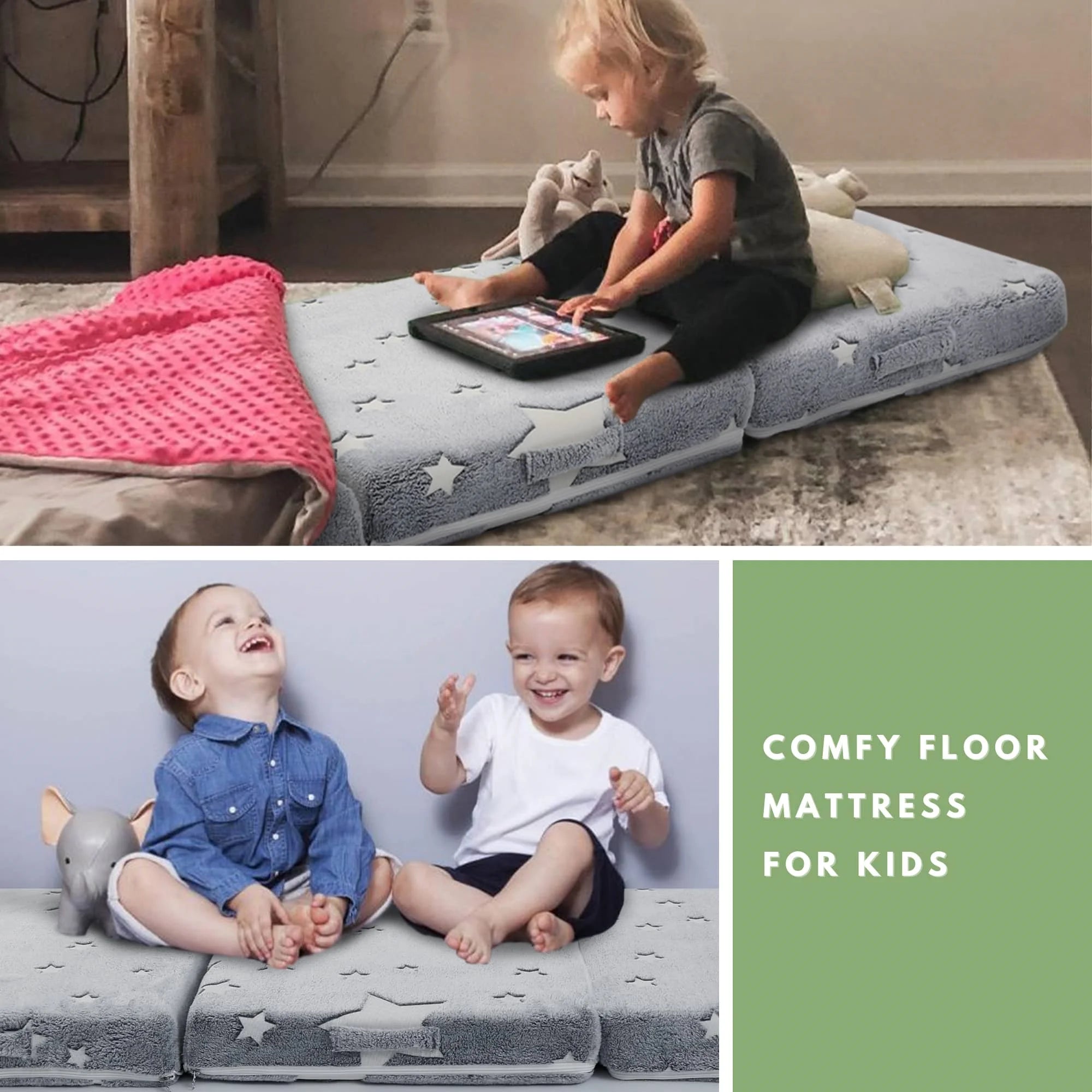 Folding Floor Mattress For Kids-Grey Star can be converted into floor lounger mat, reading nook mat, nap mat, and other matting materials.