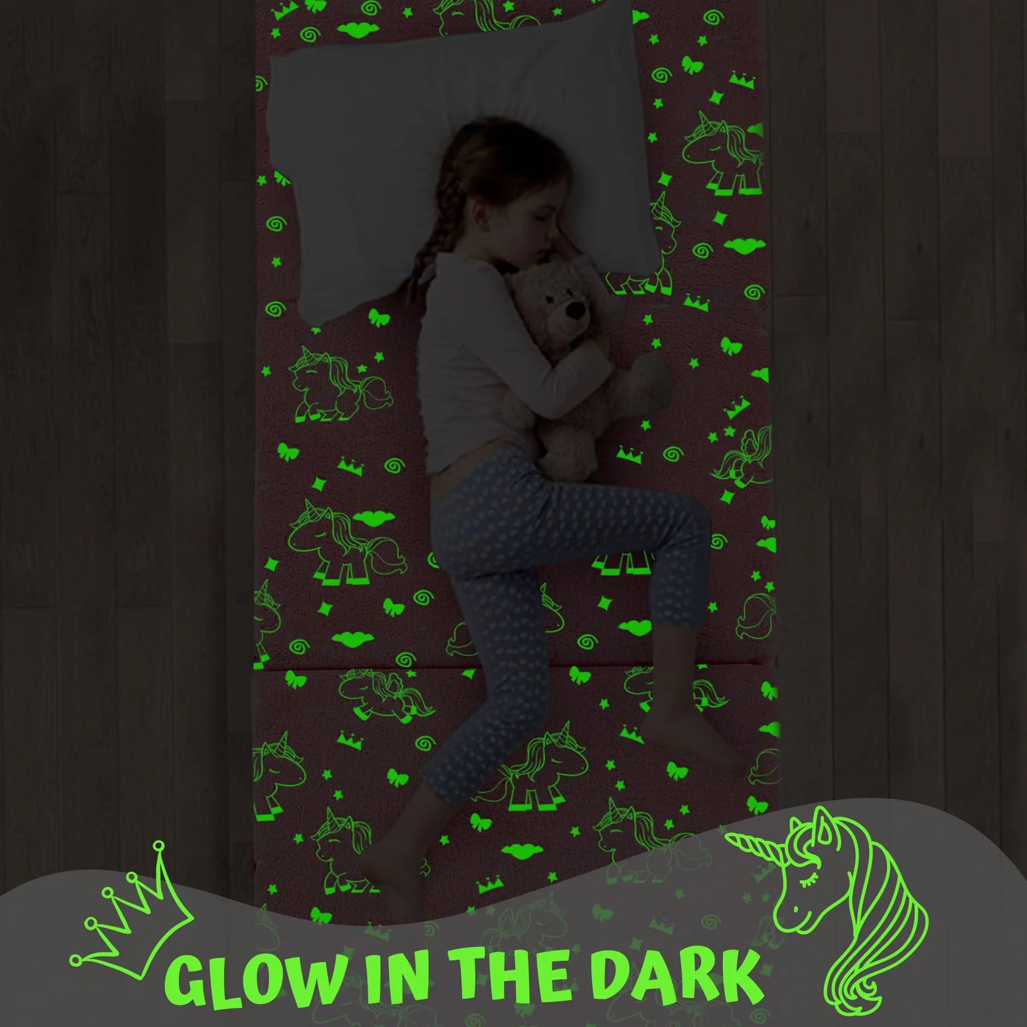 Folding Floor Mattress For Kids glow-Pink Unicorn in the dark