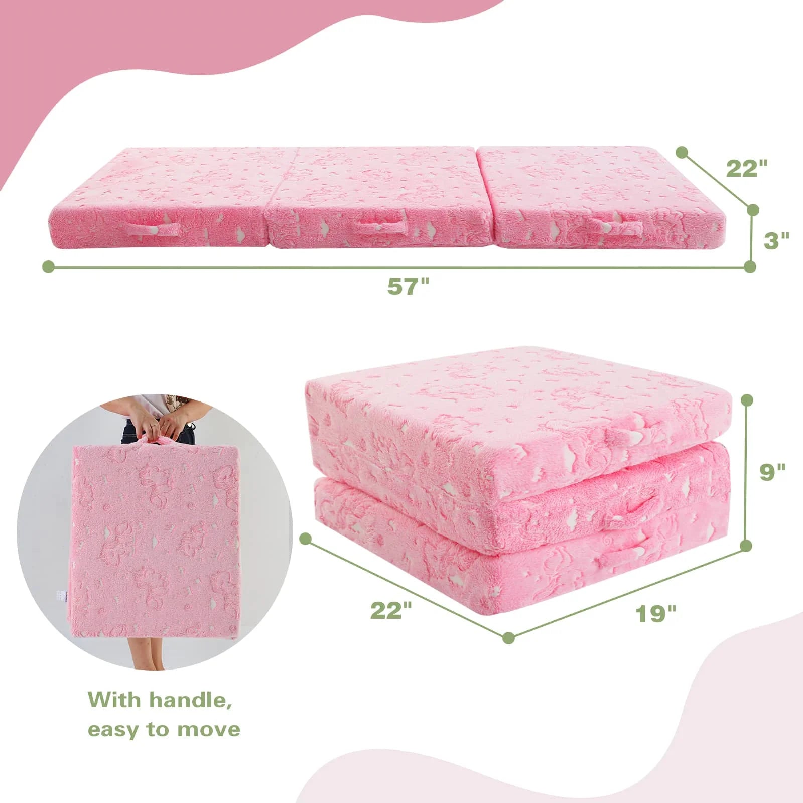 The Folding Floor Mattress For Kids-Pink Unicorn measures 57 “L x 22 ‘W x 3 ’Th.