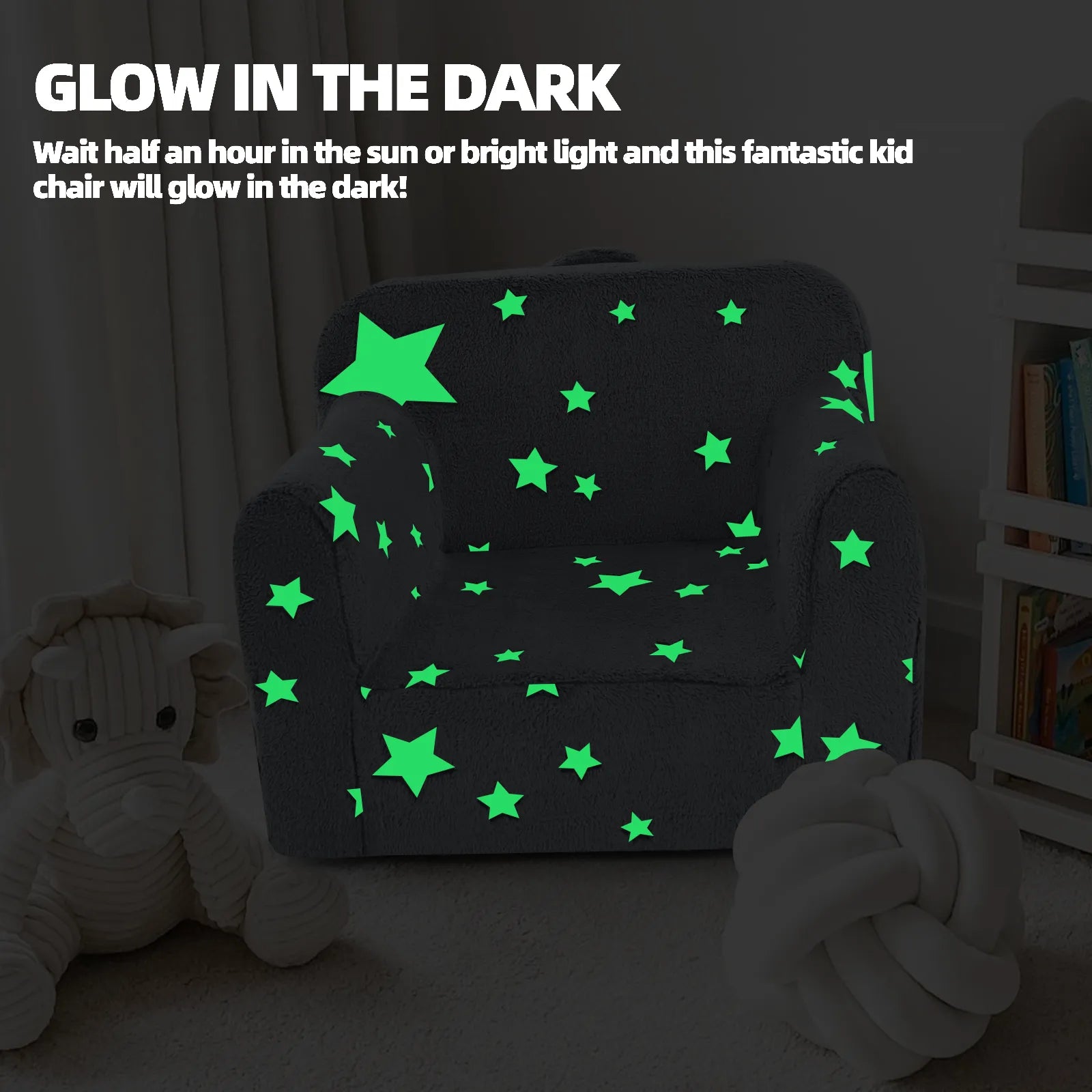 Glowsofa's Glowing Star kids armchair glow in the dark effect